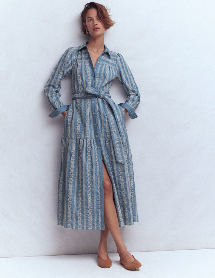 Ellie Cotton Maxi Shirt Dress-Broderie Denim
