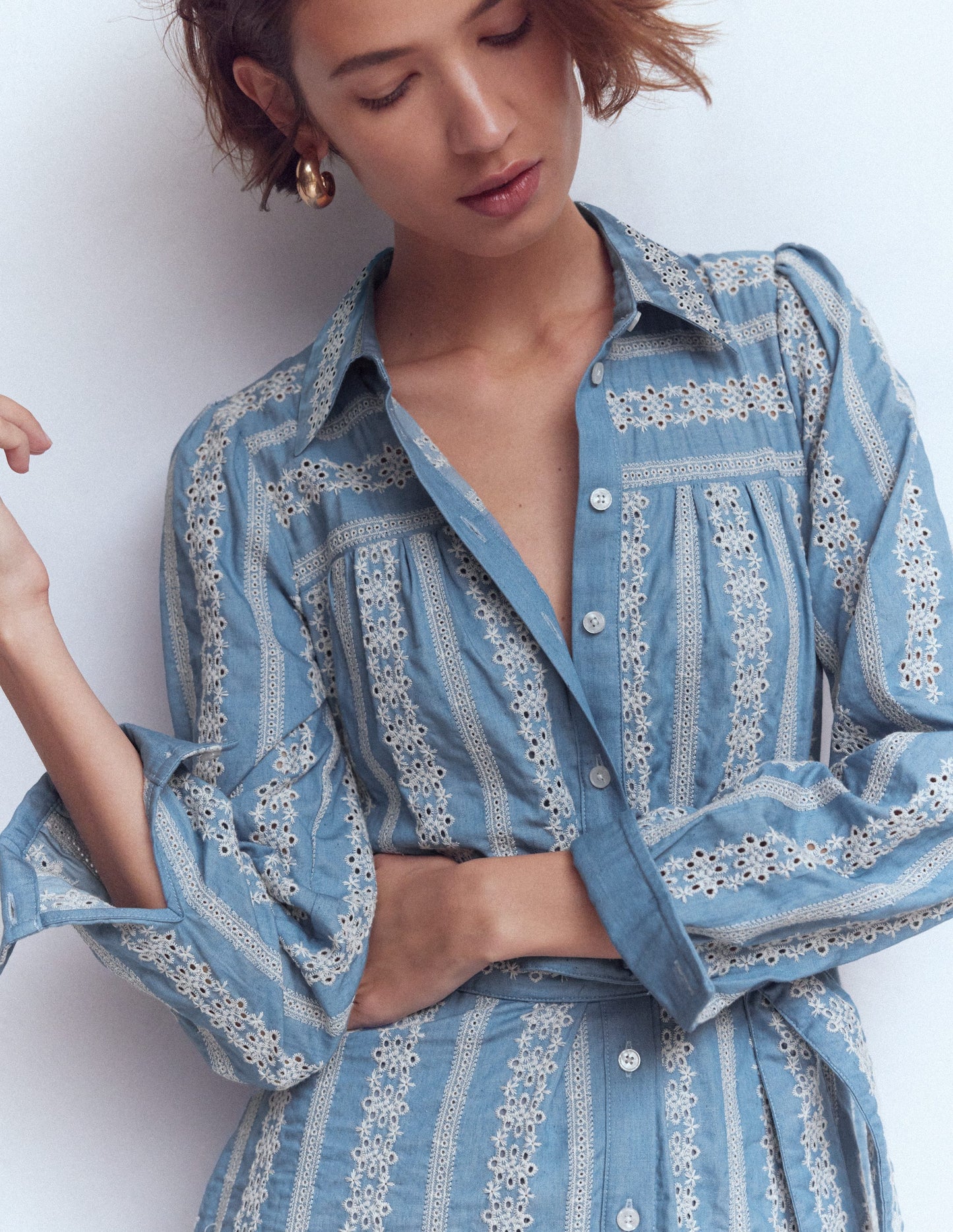 Ellie Cotton Maxi Shirt Dress-Broderie Denim