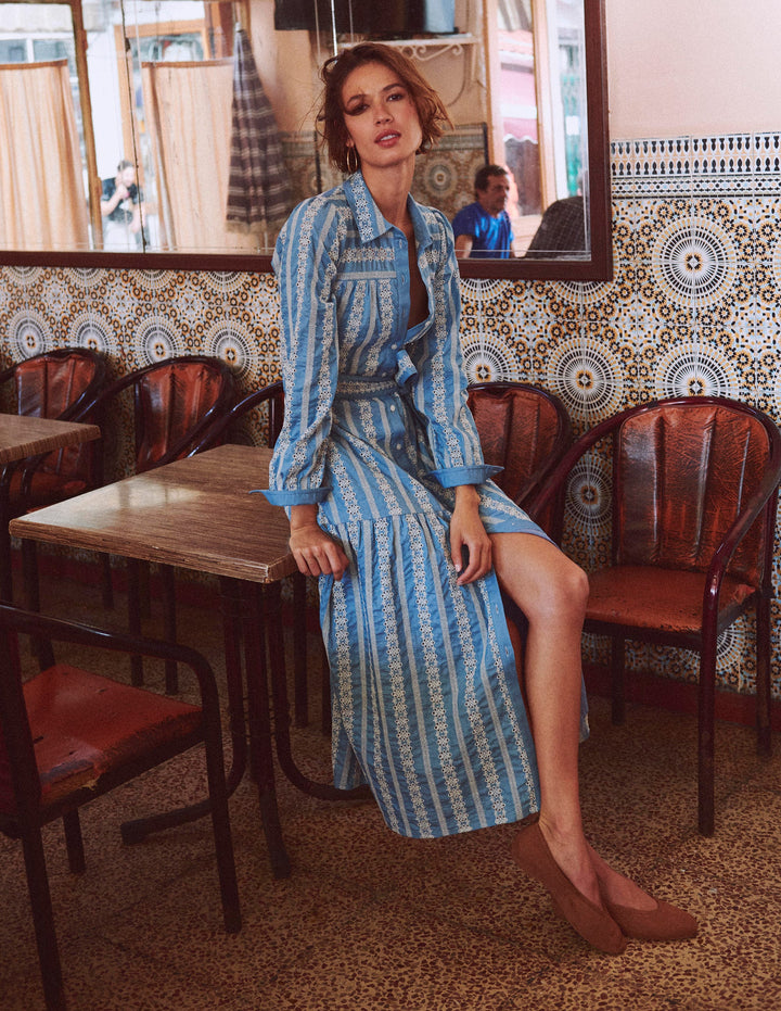 Ellie Cotton Maxi Shirt Dress-Broderie Denim