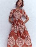 Ivy Cotton Midi Dress-Rust Embroidery