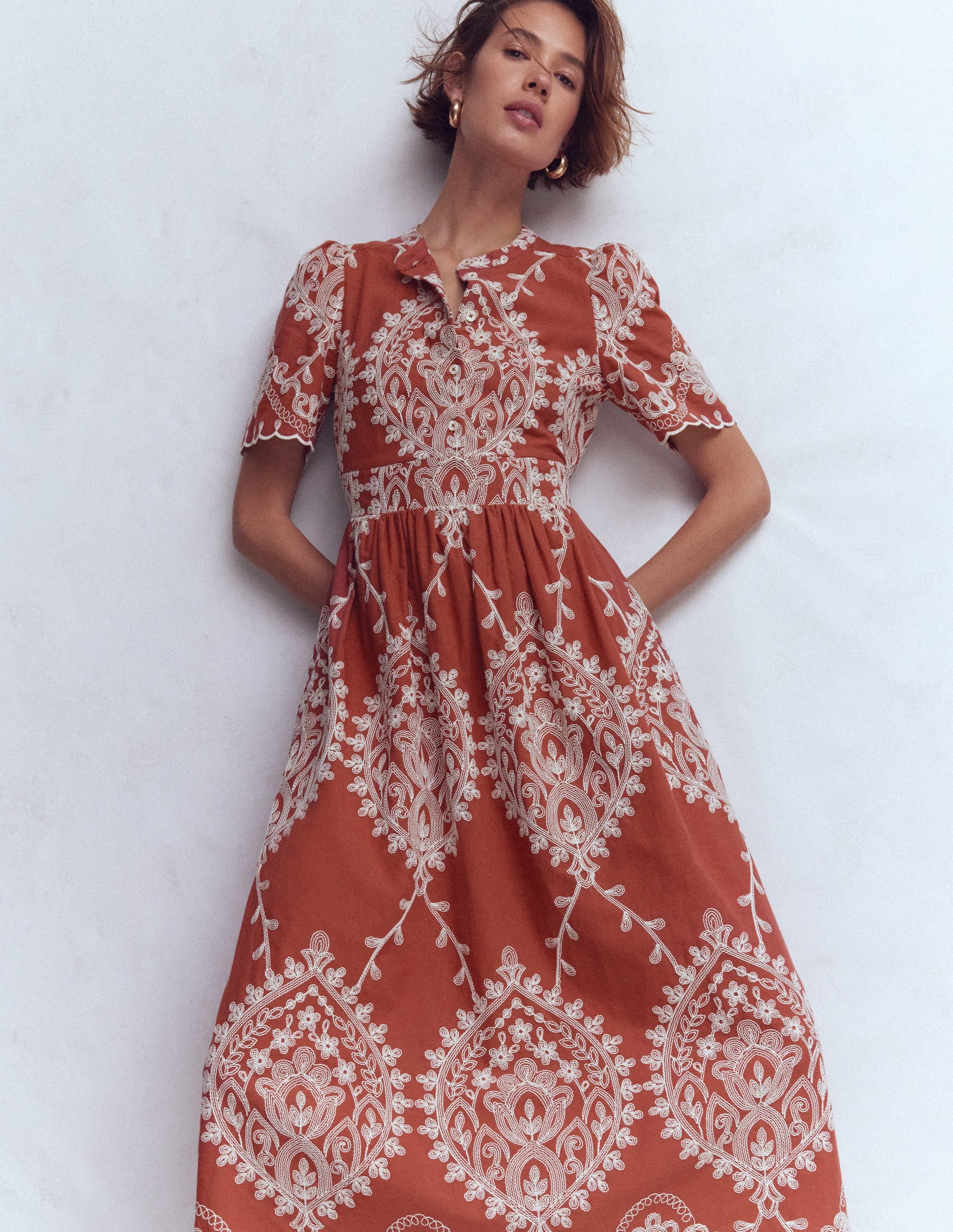 Ivy Button Cotton Midi Dress-Rust Embroidery - Image 1