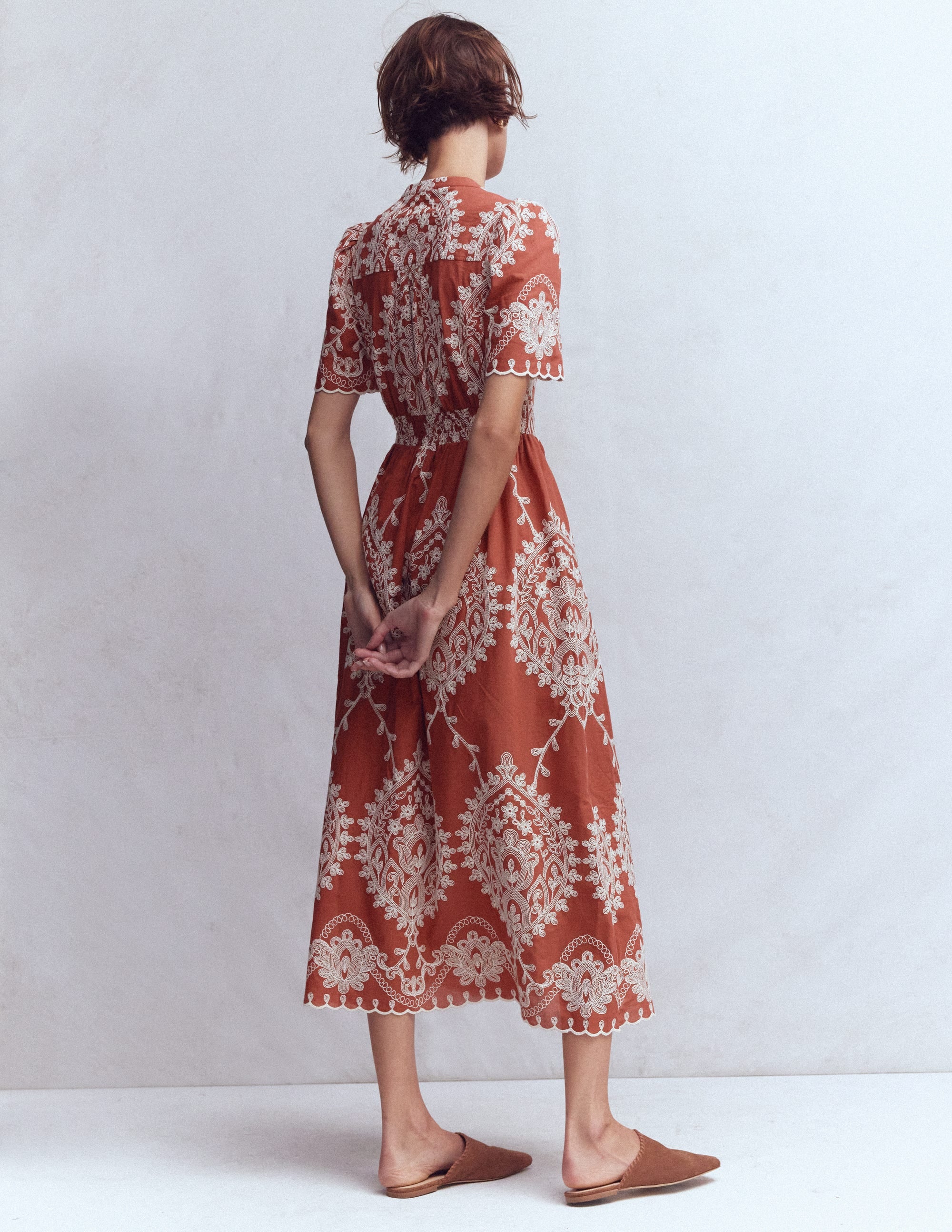 Ivy Button Cotton Midi Dress-Rust Embroidery - Image 3