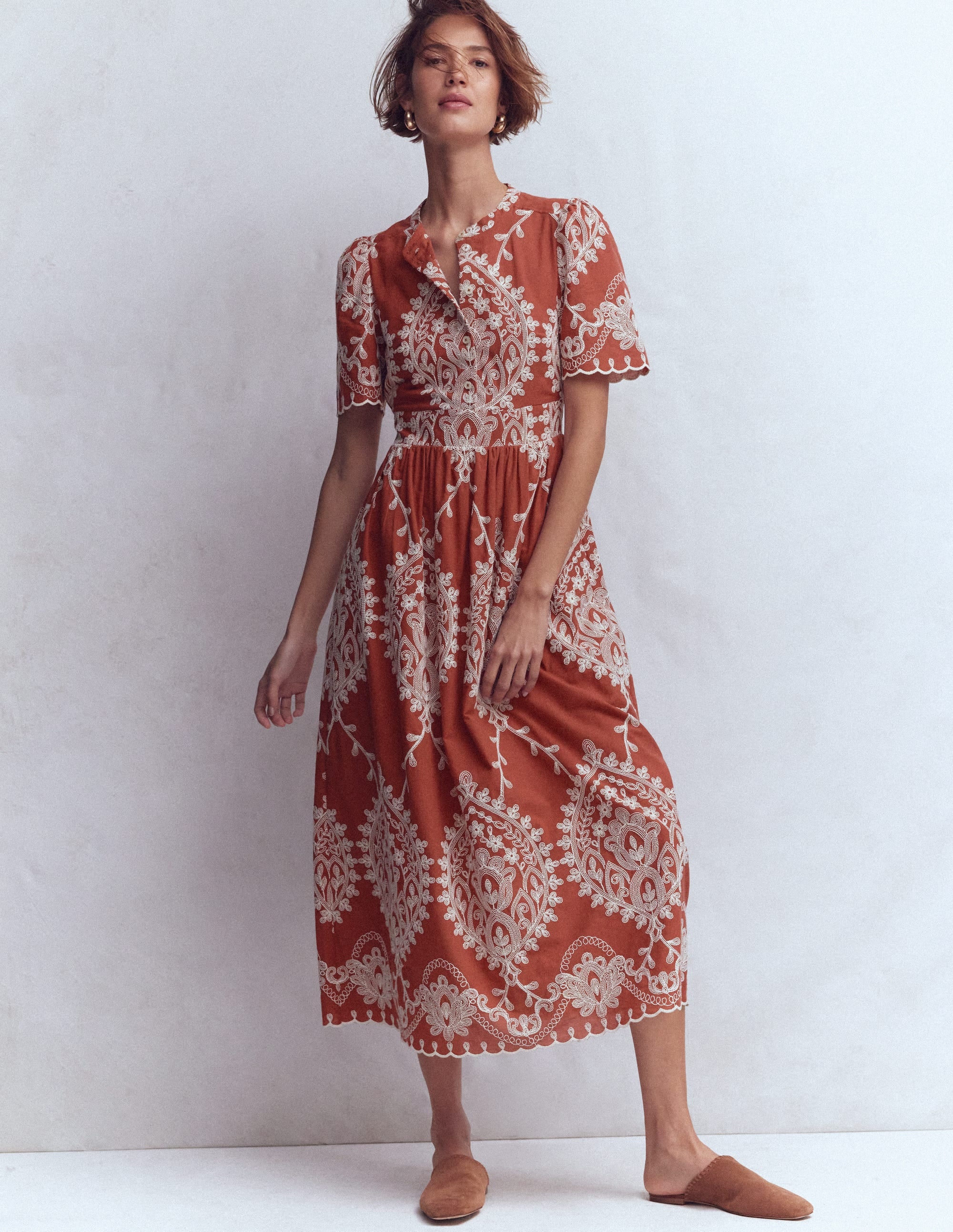 Ivy Button Cotton Midi Dress-Rust Embroidery - Image 4