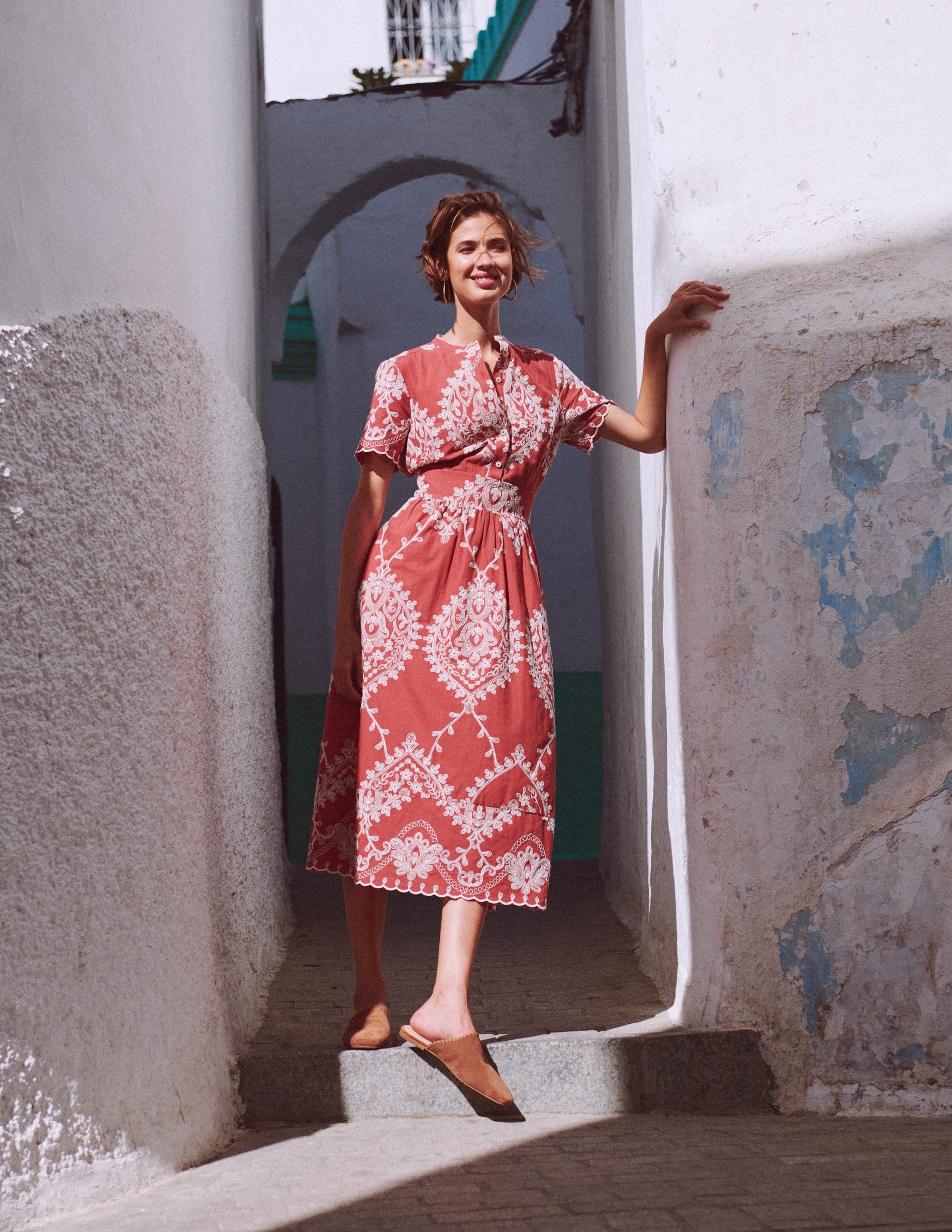 Ivy Button Cotton Midi Dress-Rust Embroidery - Image 5