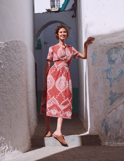 Ivy Cotton Midi Dress-Rust Embroidery-1