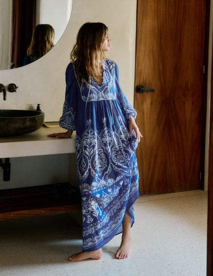 Boho Tie Neck Kaftan-Blue Ornamental Garden-1