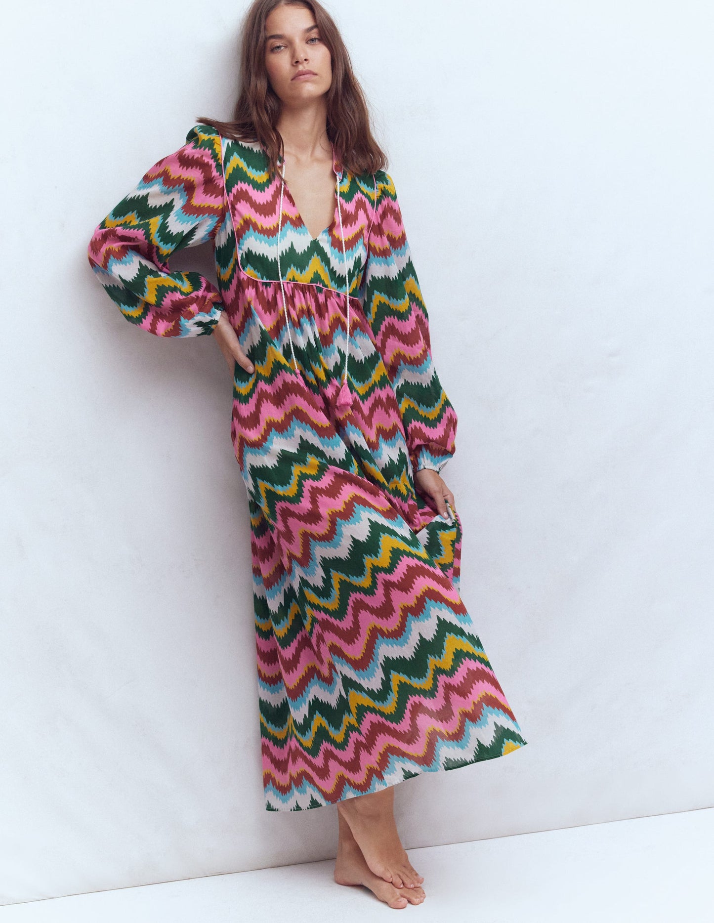 Boho Tie Neck Kaftan-Multi, Zig Zag Wave