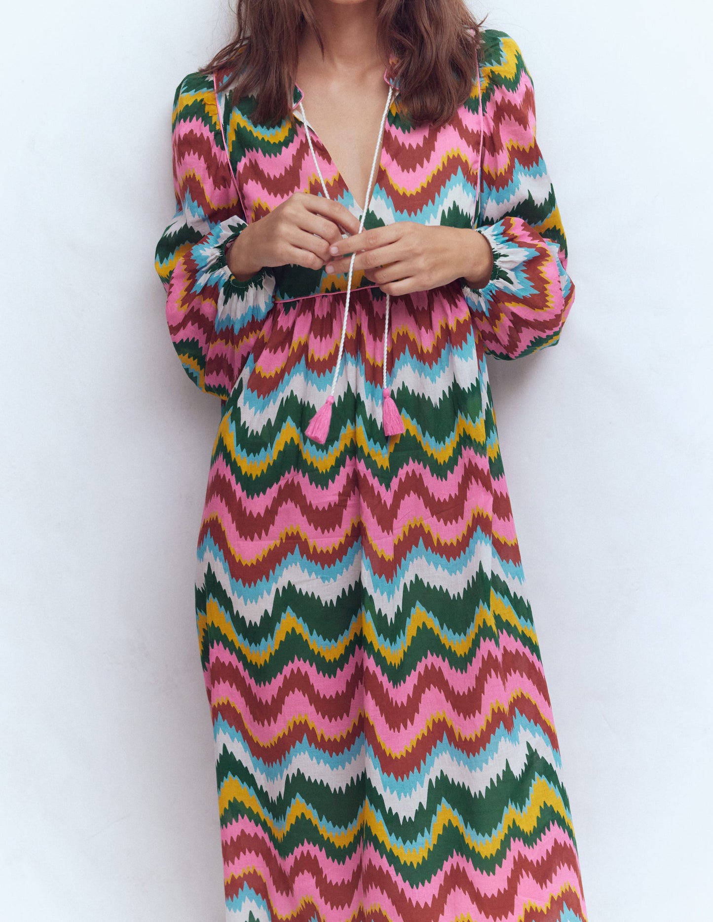 Boho Tie Neck Kaftan-Multi, Zig Zag Wave