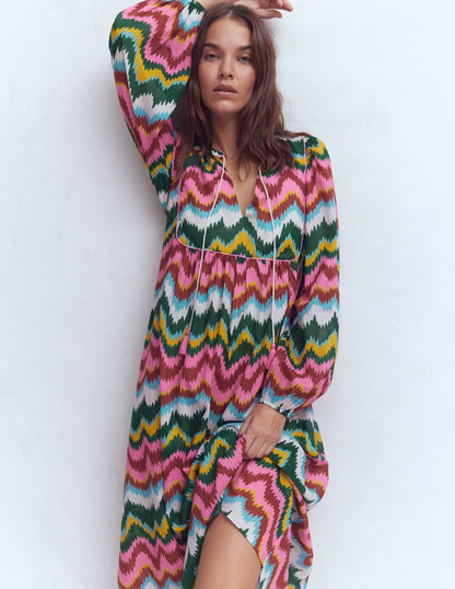 Boho Tie Neck Kaftan-Multi, Zig Zag Wave-6