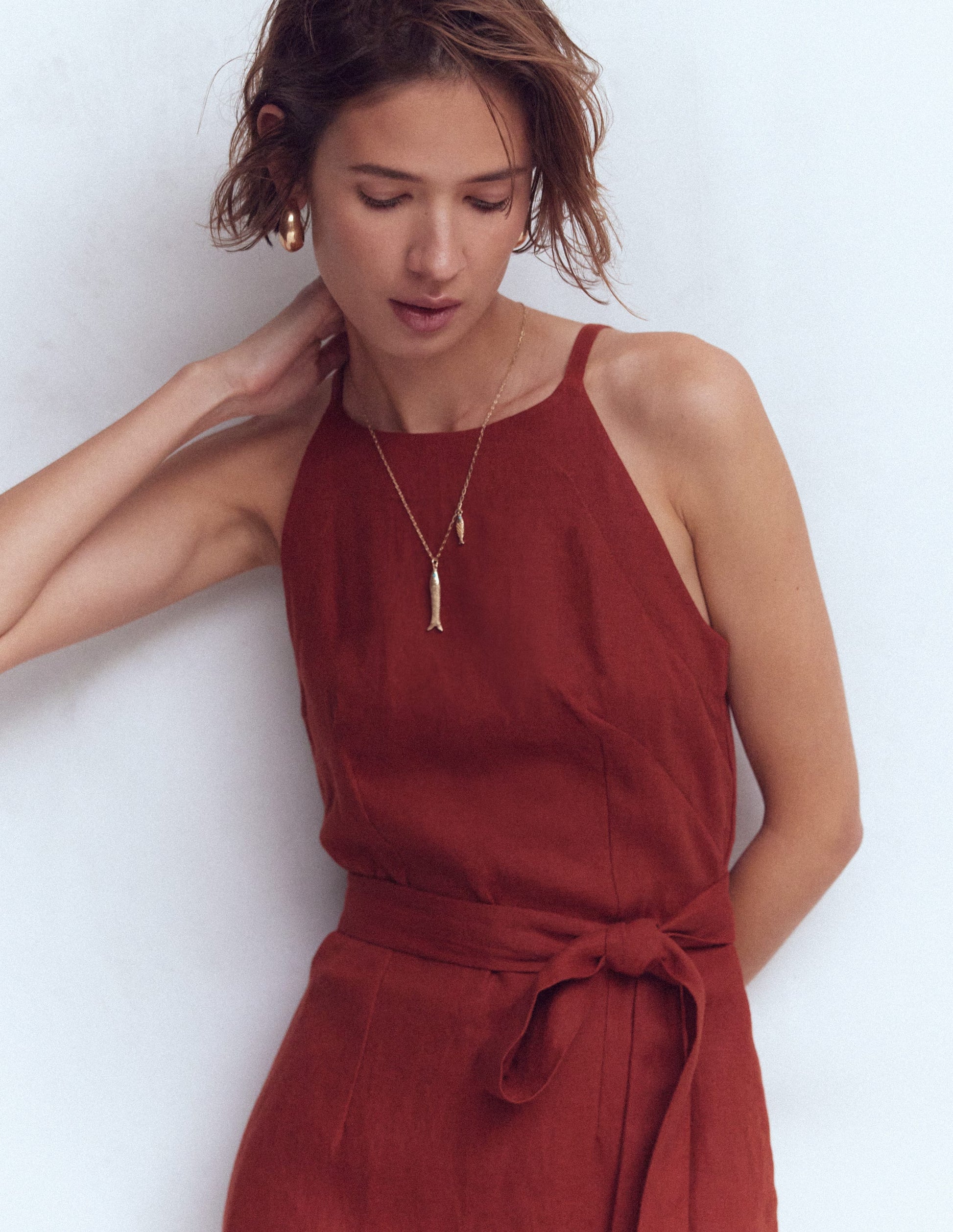 Rosa Halter Linen Midi Dress-Burnt Orange-3