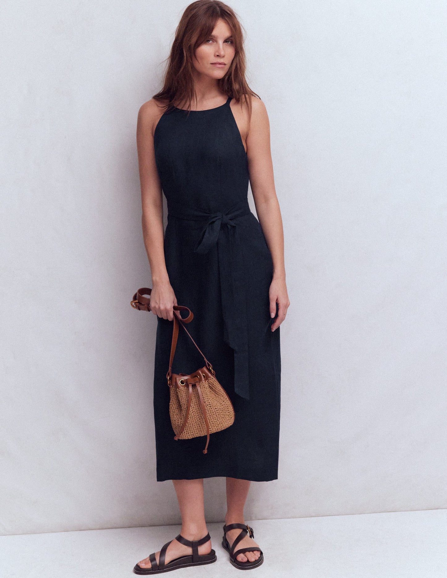 Rosa Halter Linen Midi Dress-Navy