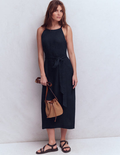 Rosa Halter Linen Midi Dress-Navy-1