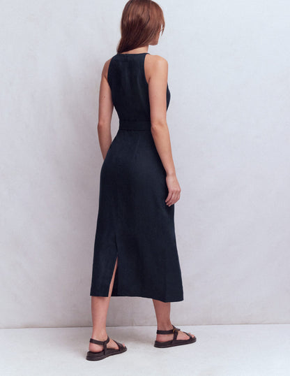 Rosa Halter Linen Midi Dress-Navy-3