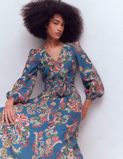 Florence Linen Blend Dress-Blue, Enchanting Bouquet-1