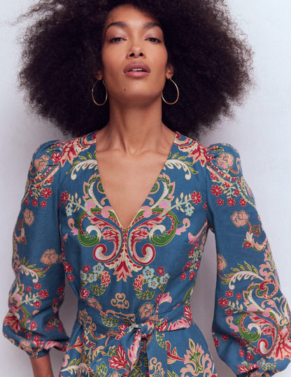 Florence Linen Blend Dress-Blue, Enchanting Bouquet-5