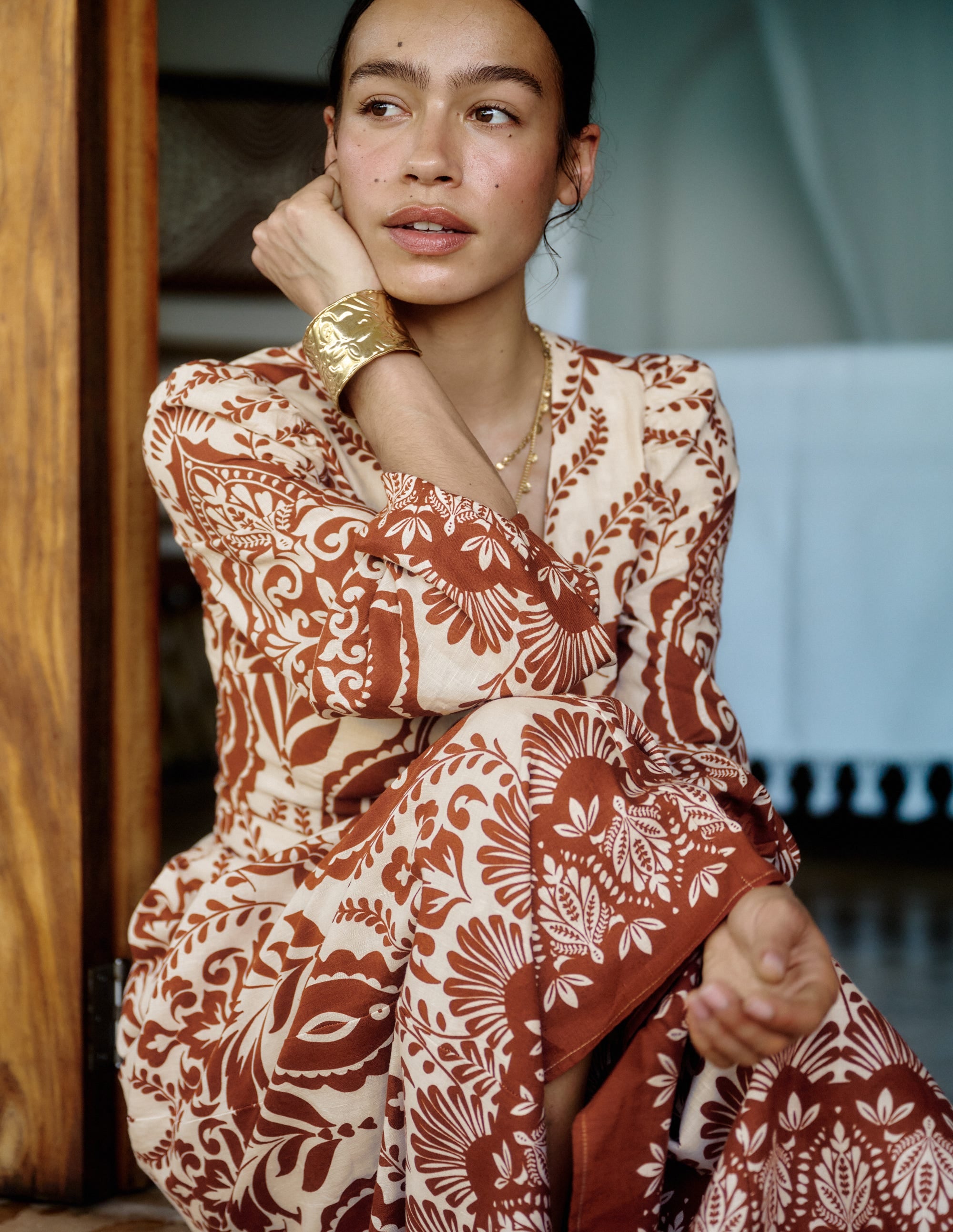 Florence Linen Blend Dress-Orange, Ornamental Garden - Image 6