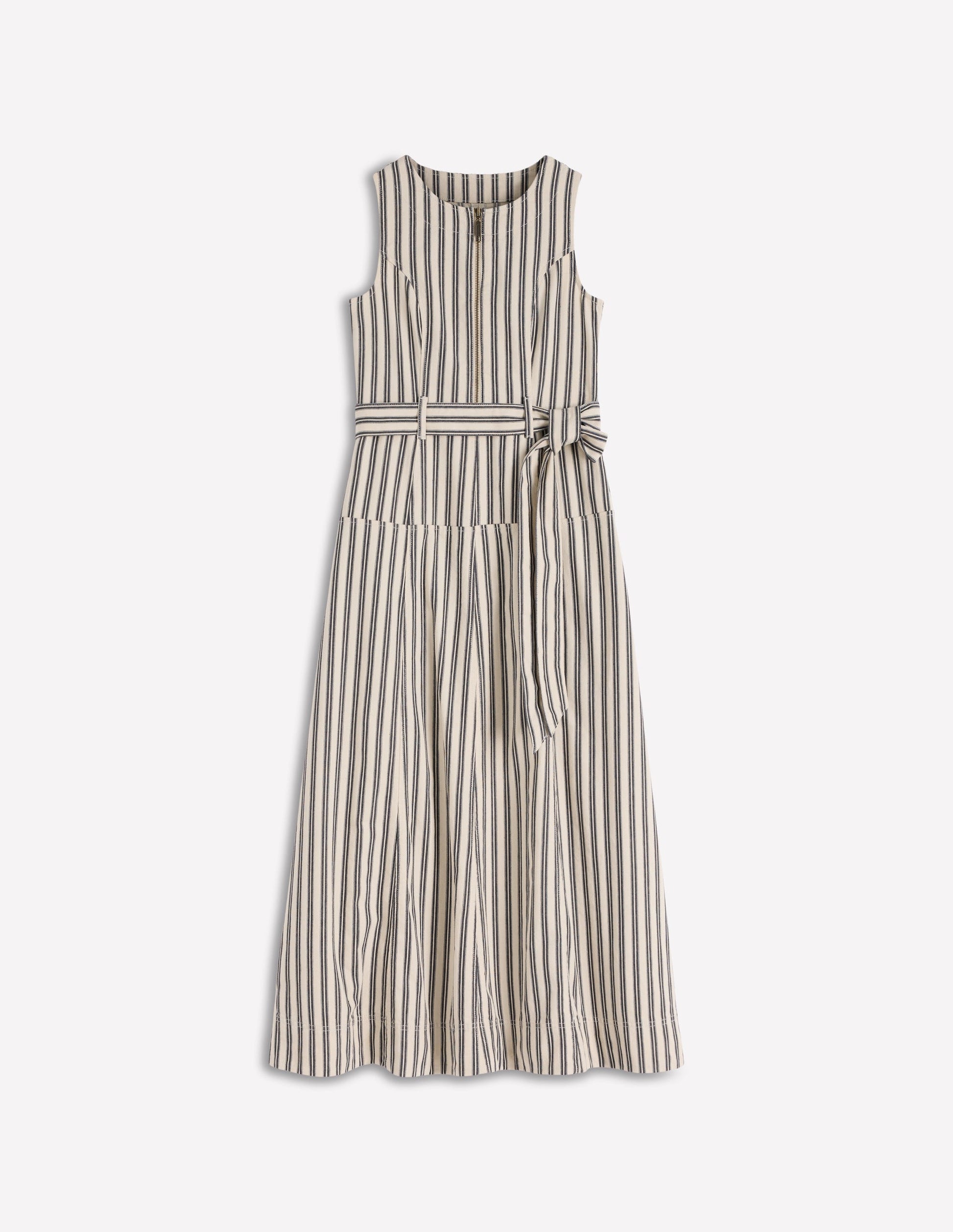 Sleeveless Zip Denim Dress-Ivory and Navy Stripe-5