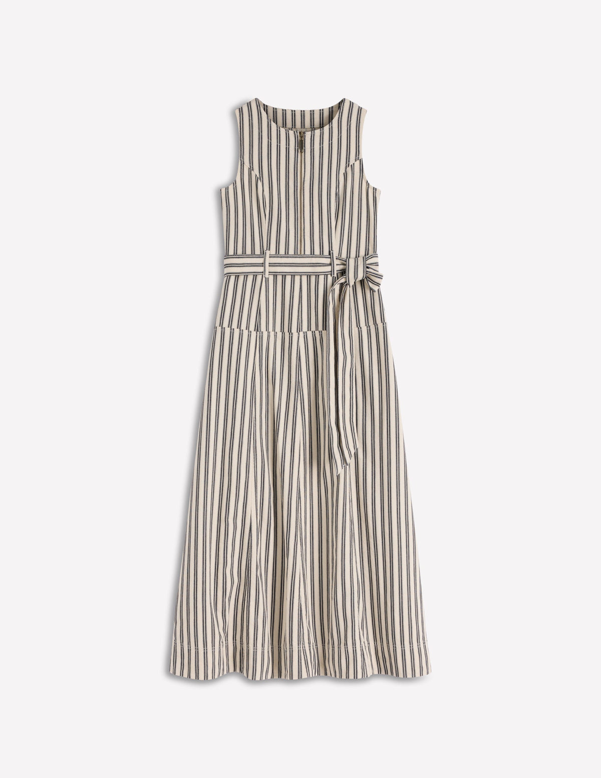 Sleeveless Zip Denim Dress-Ivory and Navy Stripe - Image 5