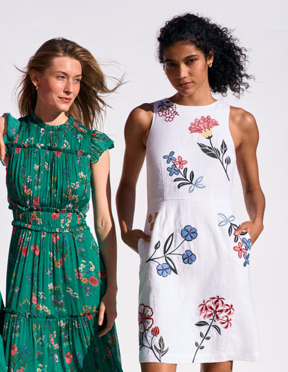 Occasion Short Linen Dress-White Embroidery-2