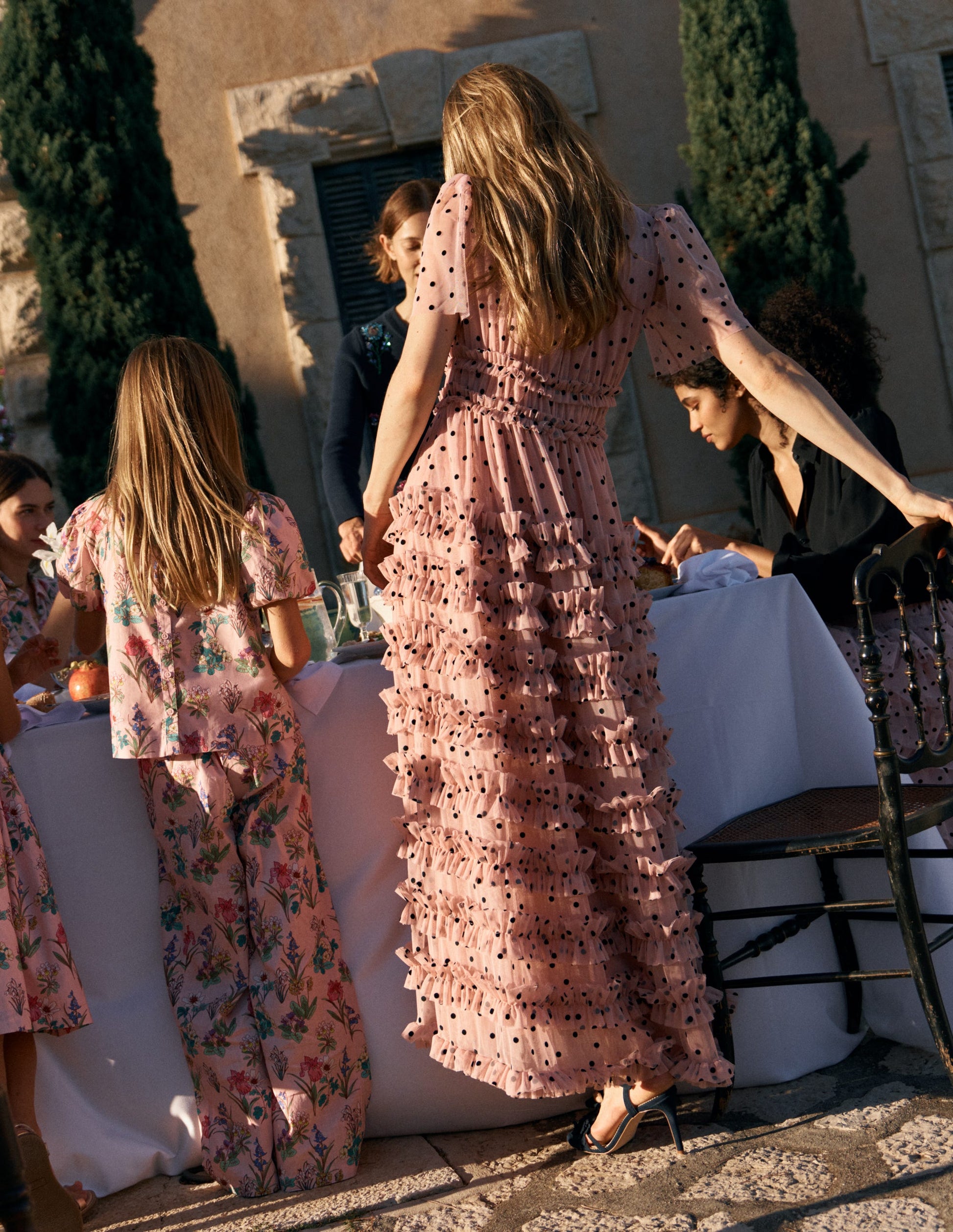 V-neck Ruffle Tulle Dress-Pale Pink and Black Spot-6