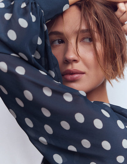 High Neck Occasion Dress-French Navy/Ivory Spot-2