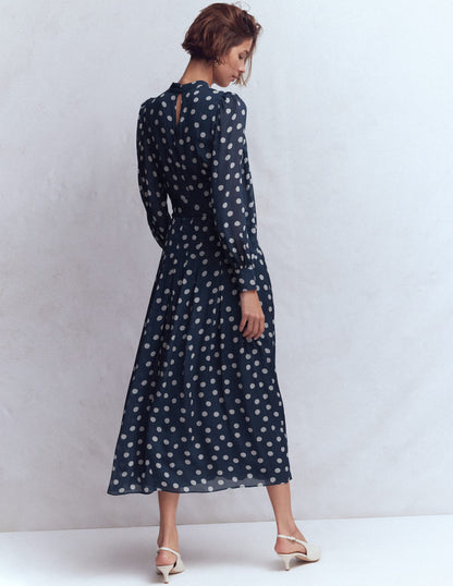 High Neck Occasion Dress-French Navy/Ivory Spot-3