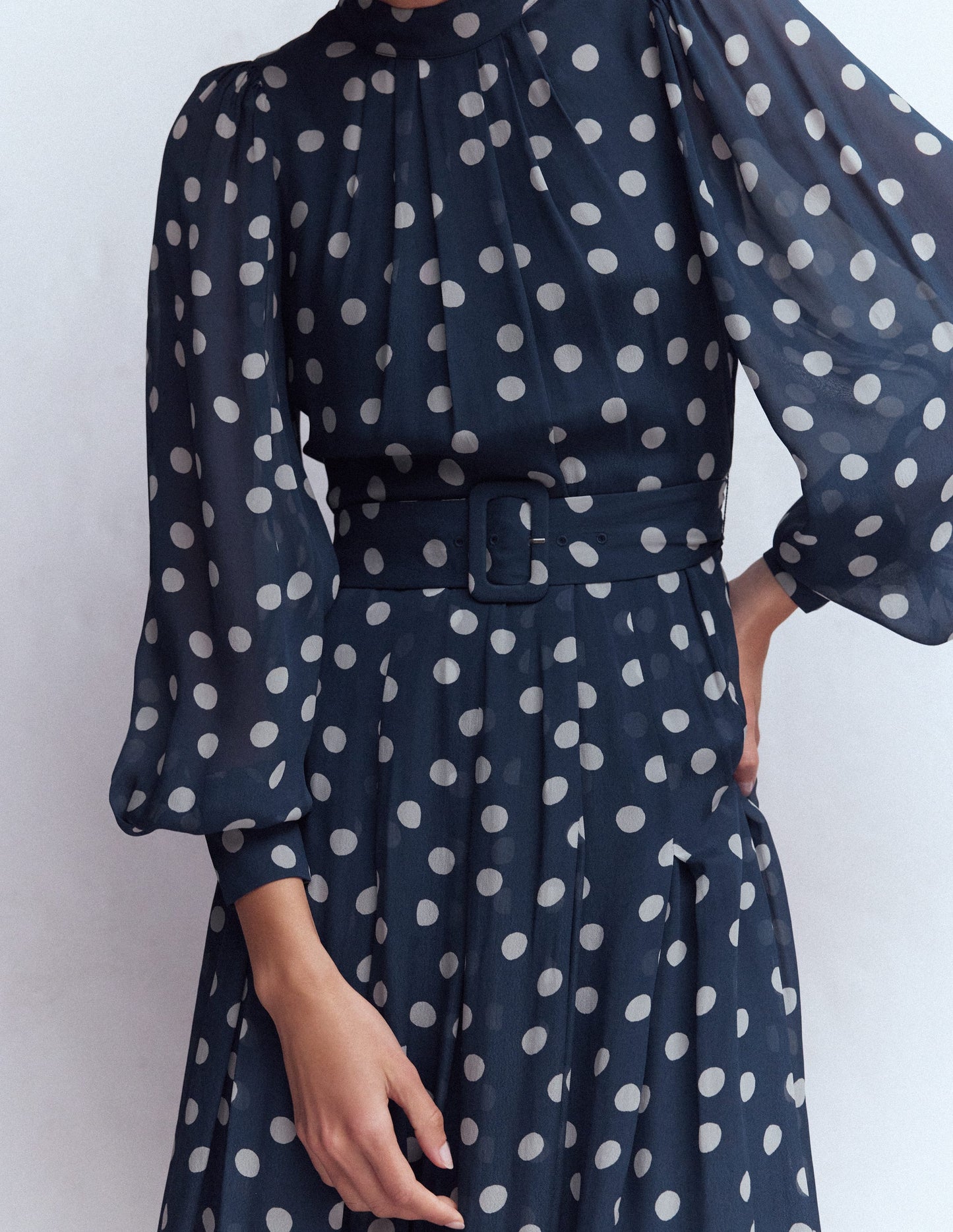 High Neck Occasion Dress-French Navy/Ivory Spot