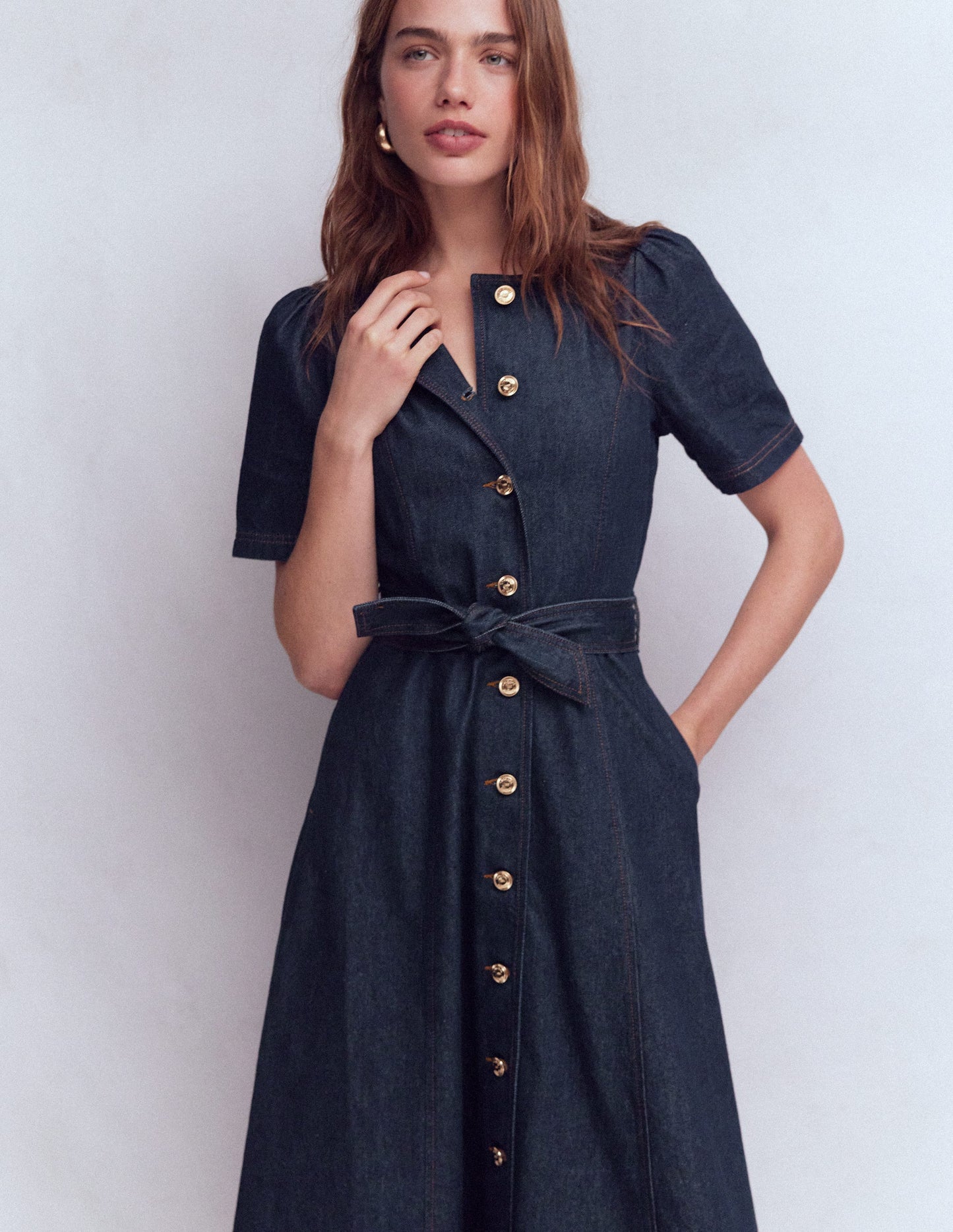 Button Detail Denim Dress-Indigo