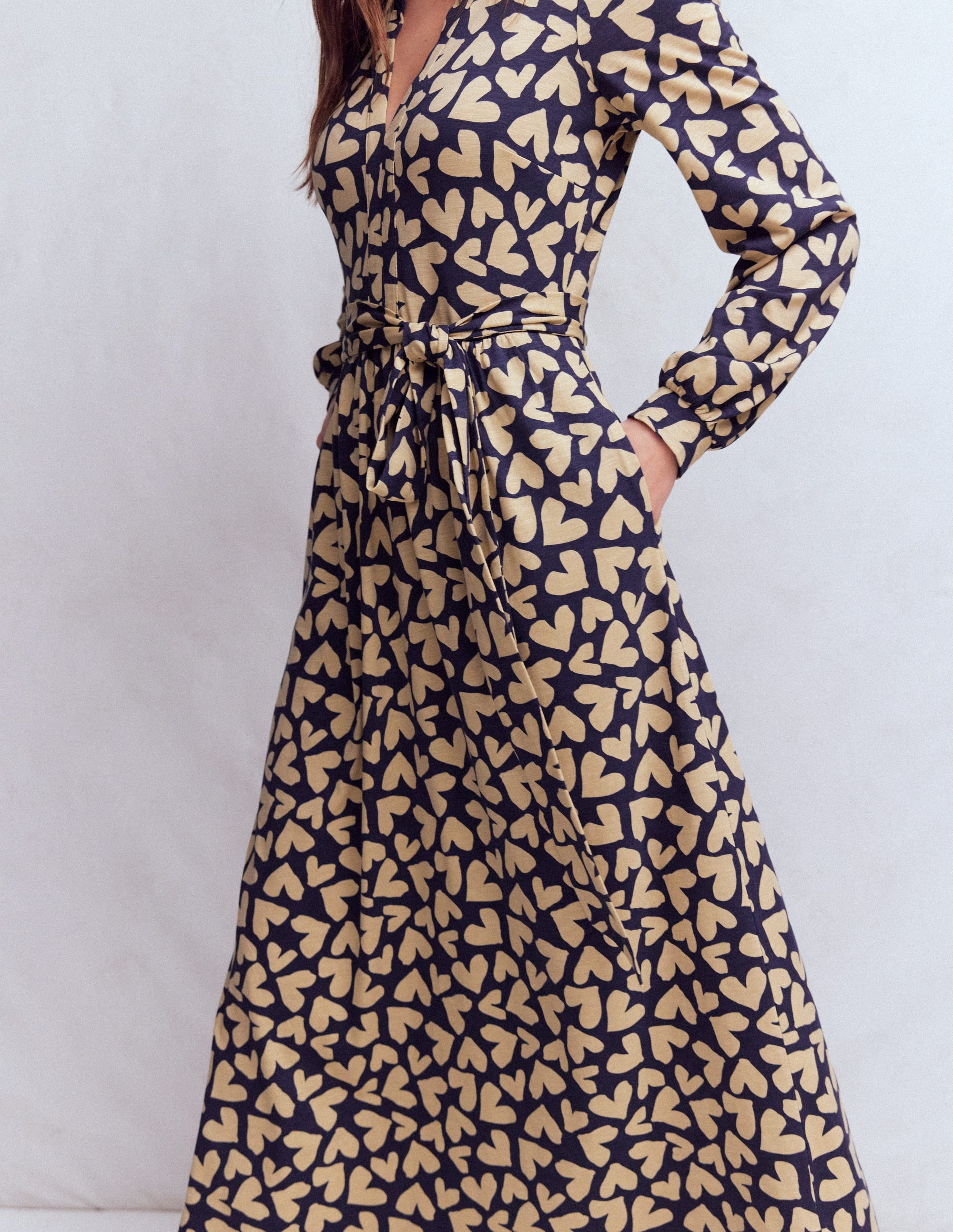 Naomi Long Sleeve Jersey Dress-French Navy, Heart Scatter - Image 3