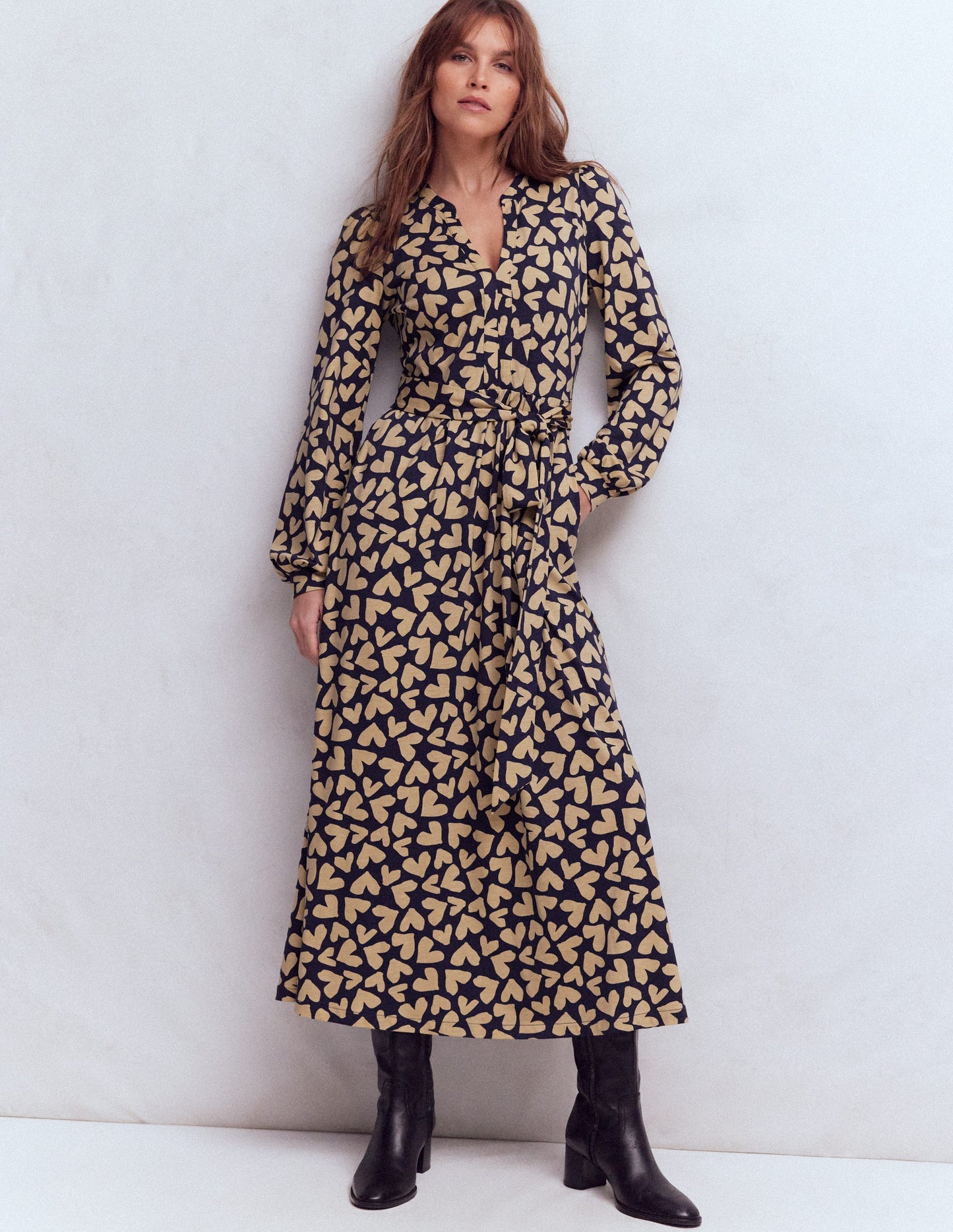 Naomi Long Sleeve Jersey Dress-French Navy, Heart Scatter