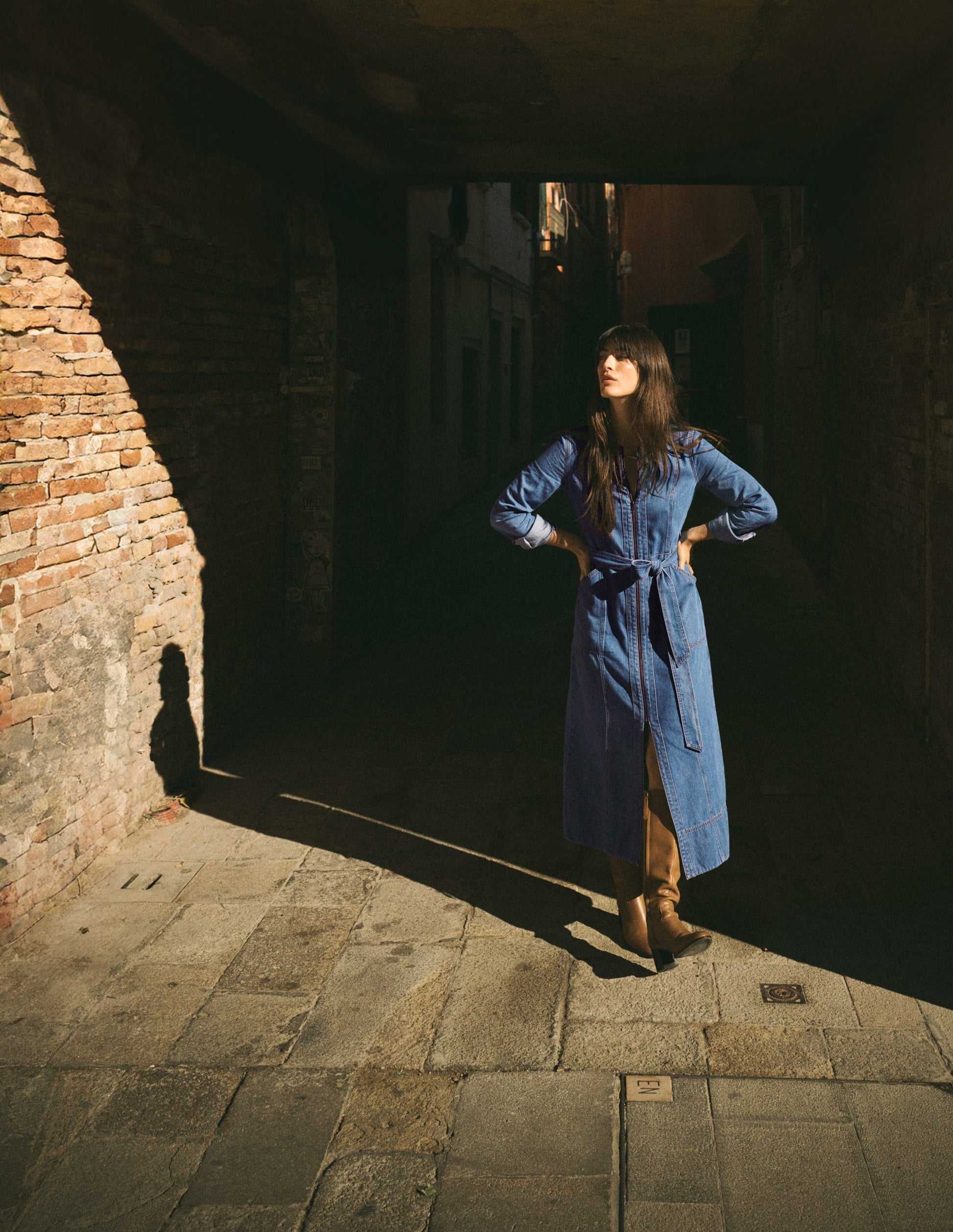 Zip Denim Straight Dress-Mid Vintage Denim-2