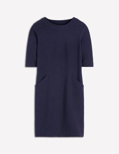 Neckband Ottoman Shift Dress-Navy-5