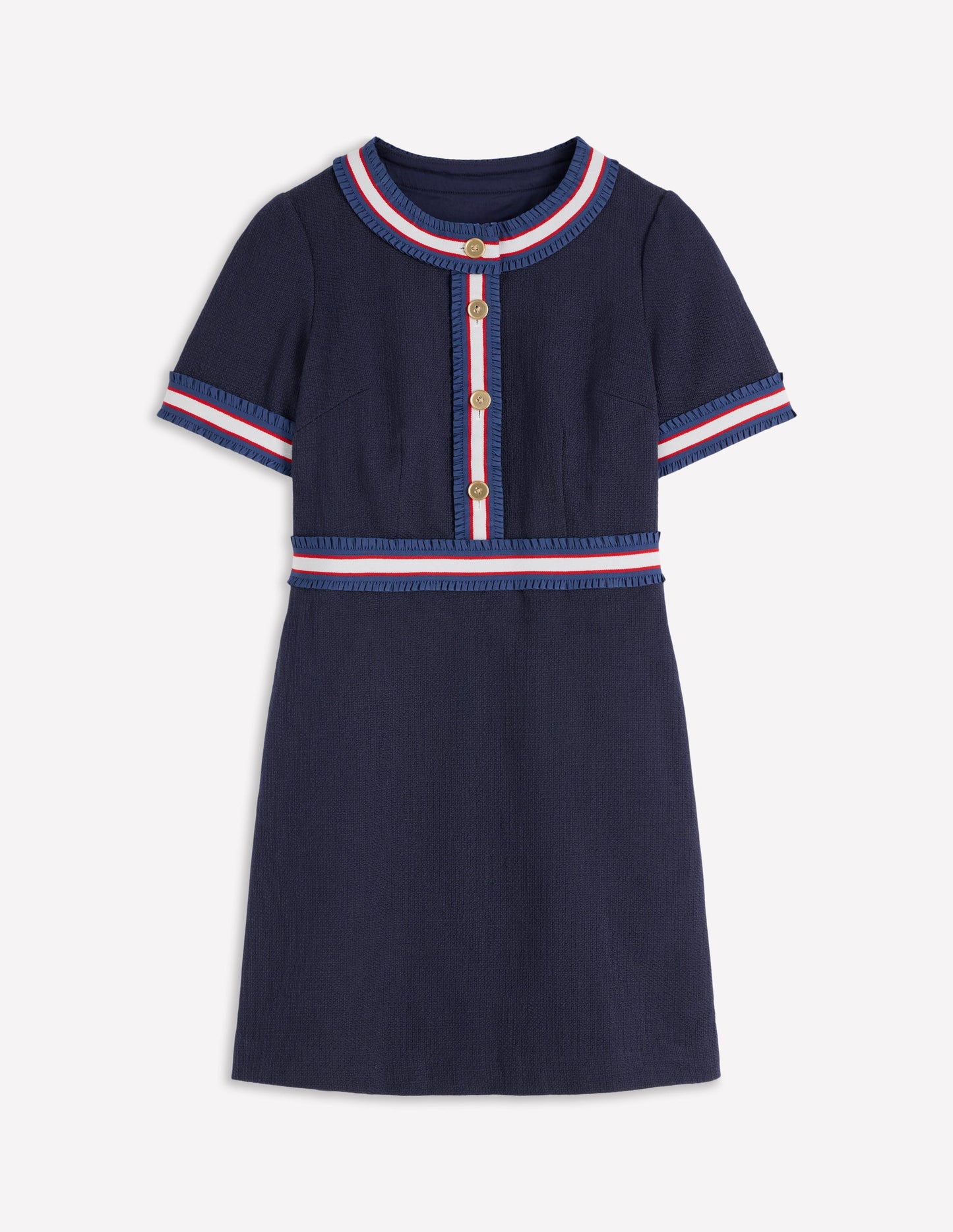 Button Short Dress-Navy Ribbon Trim