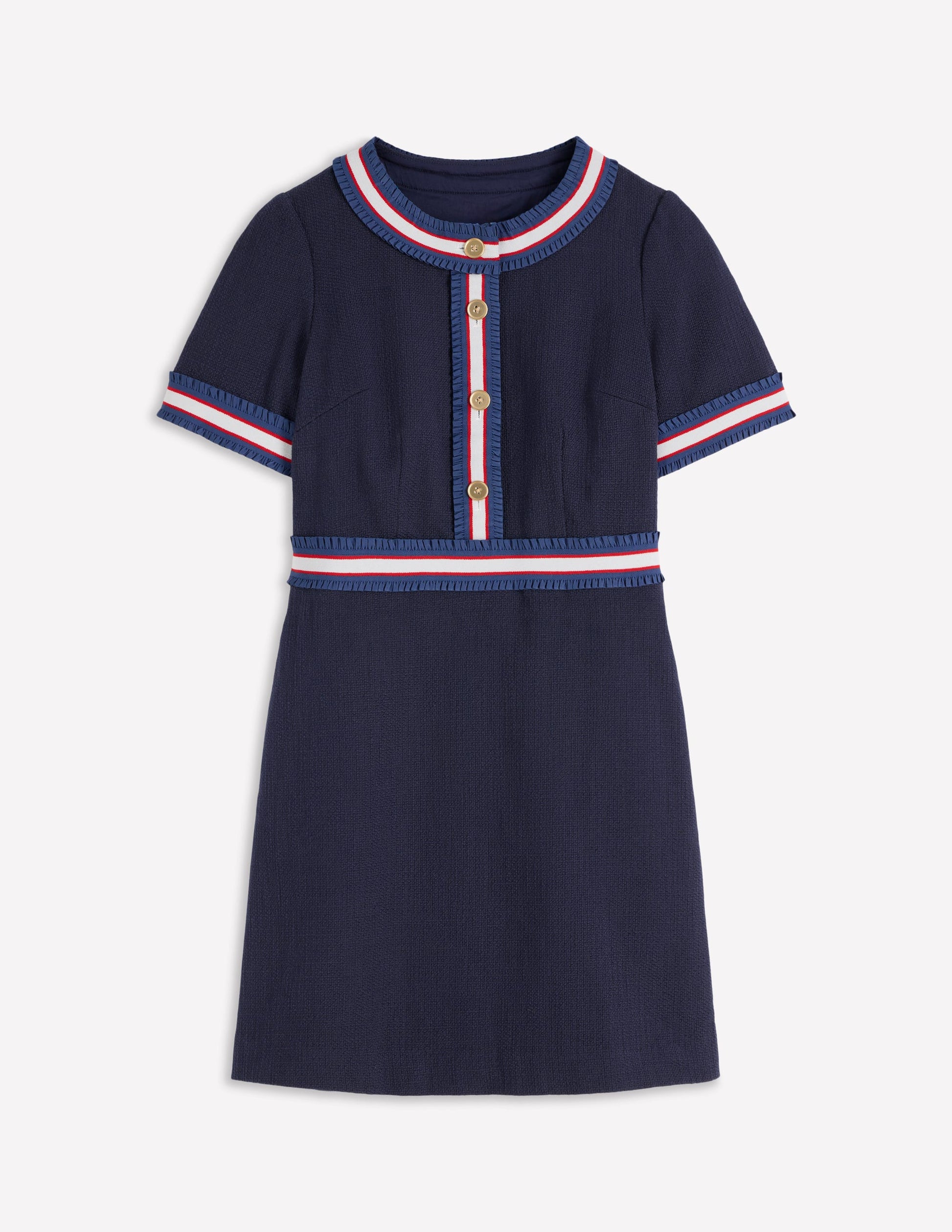 Button Short Dress-Navy Ribbon Trim-5