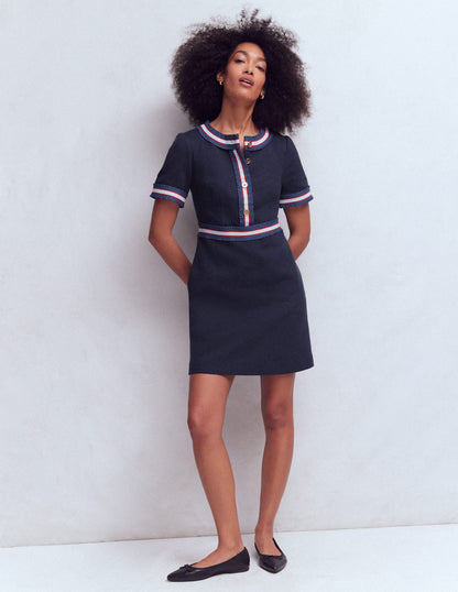 Button Short Dress-Navy Ribbon Trim-1