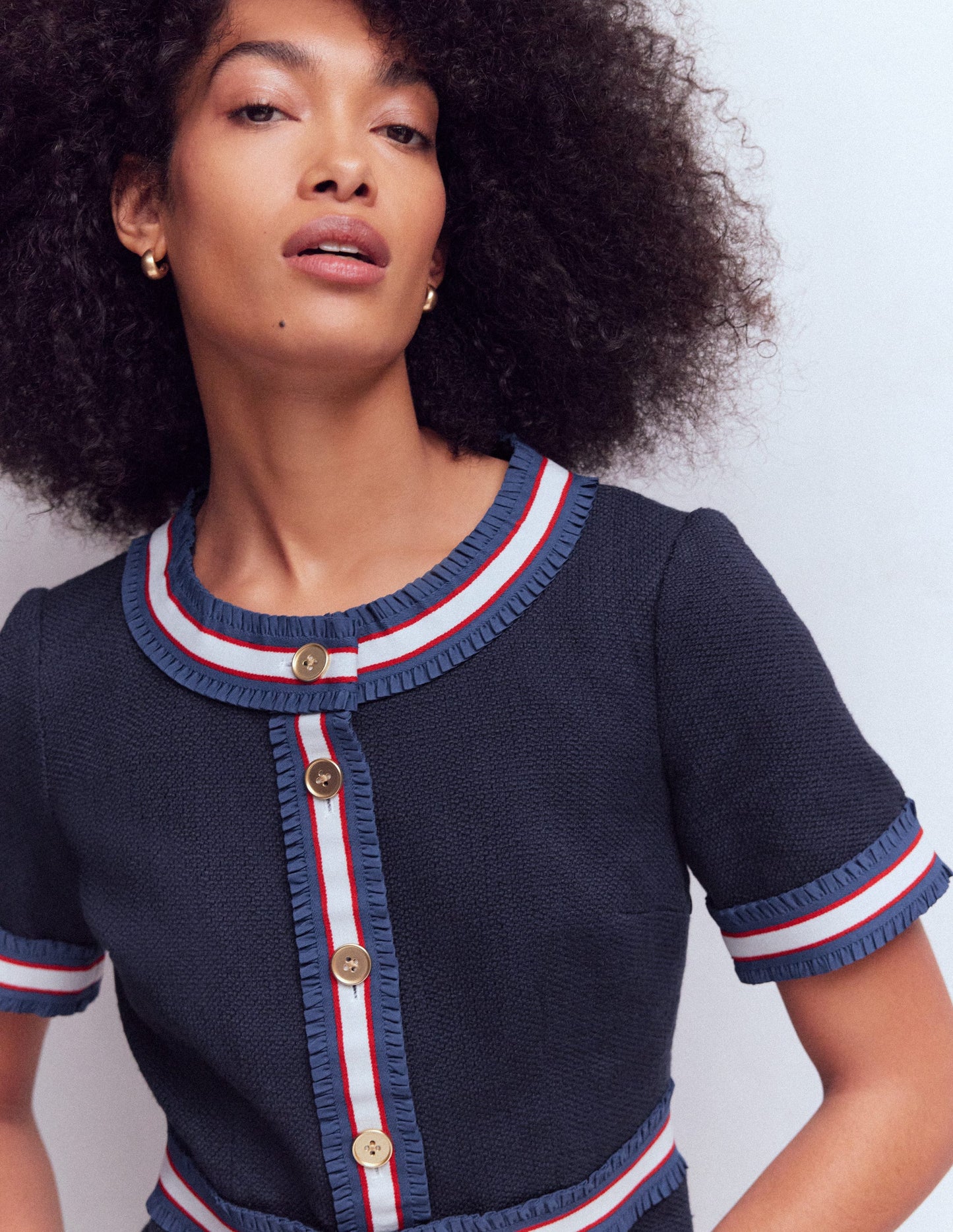 Button Short Dress-Navy Ribbon Trim