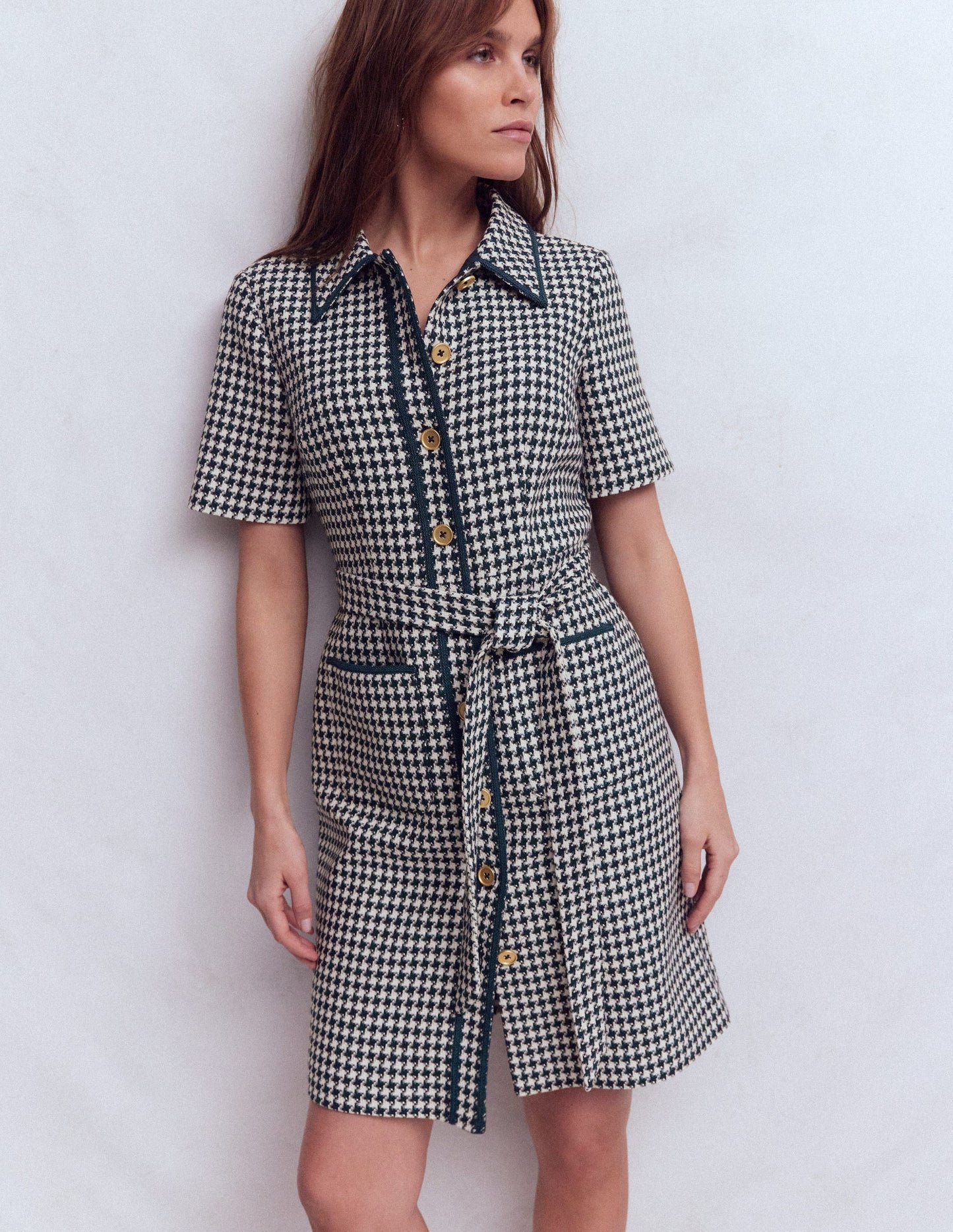 Loren Trim Short Dress-Navy Dogtooth