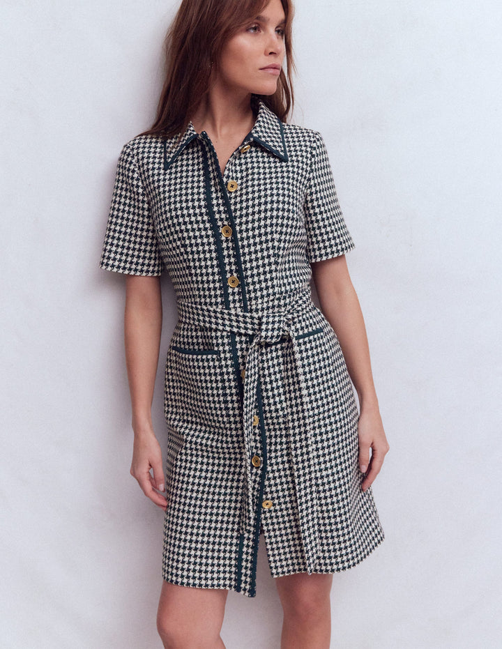 Loren Trim Short Dress-Navy Dogtooth