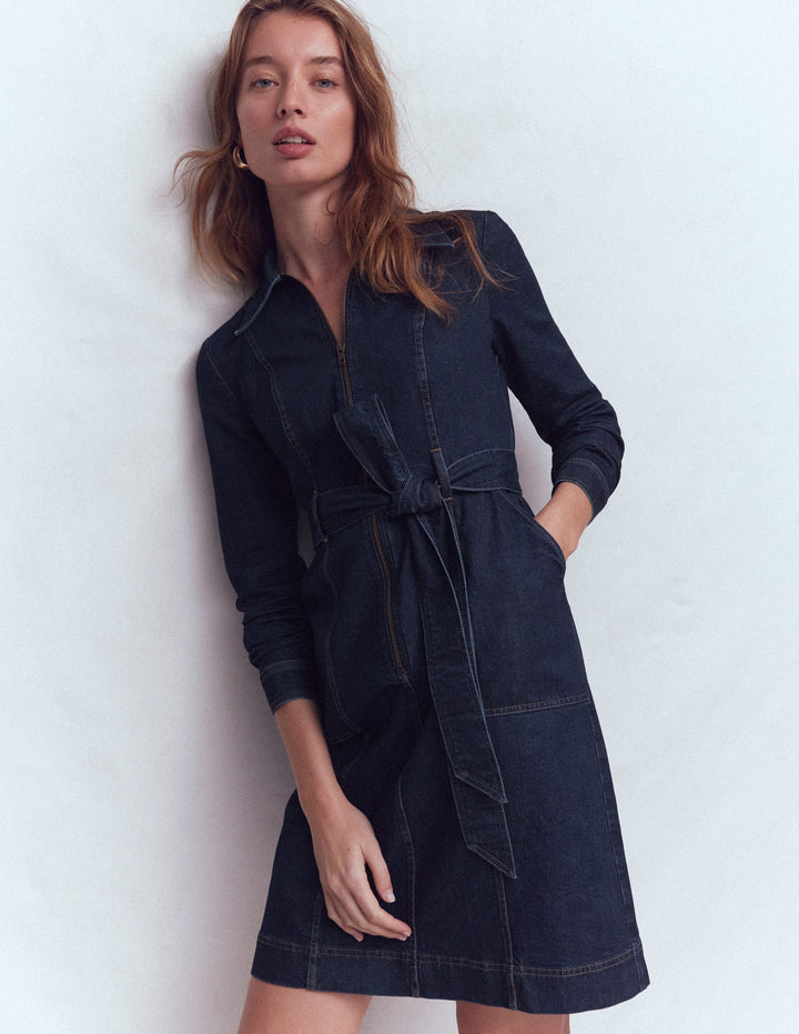 Zip Denim Short Dress-Indigo