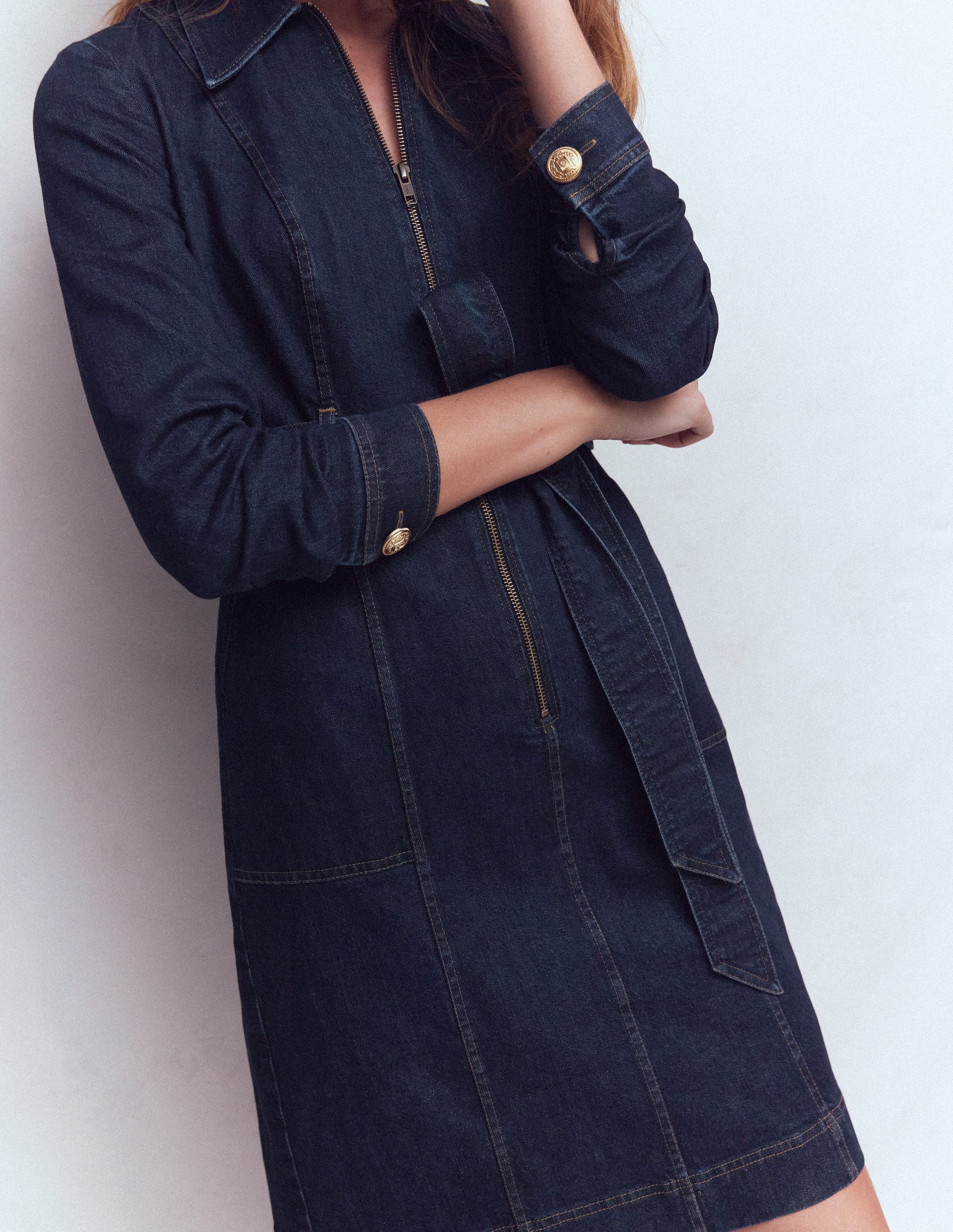 Zip Denim Short Dress-Indigo-3