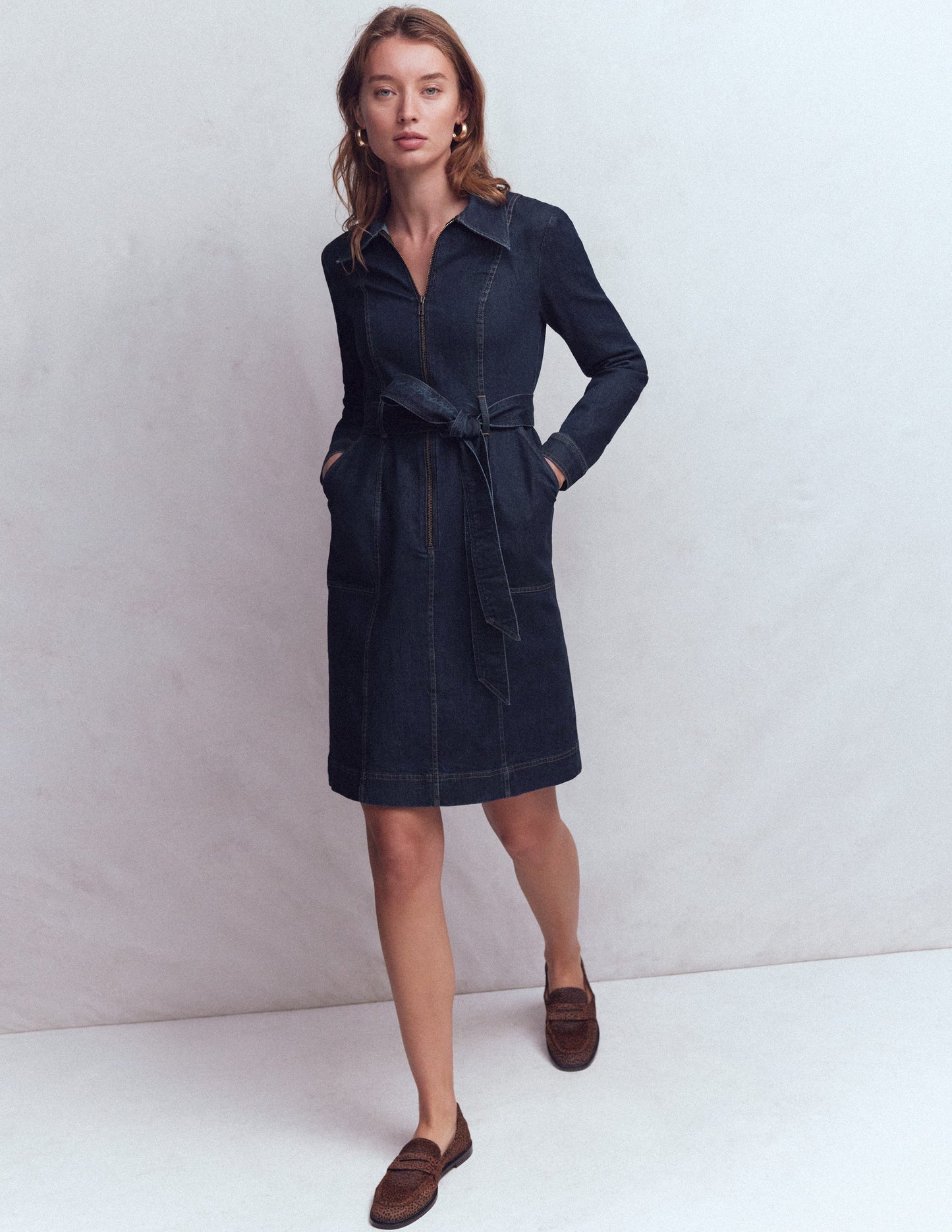 Zip Denim Short Dress-Indigo