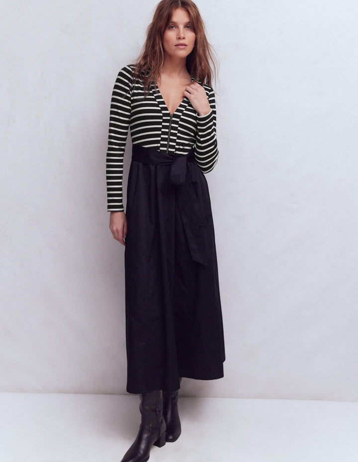 Long Sleeve Mix Media Dress-Black Stripe