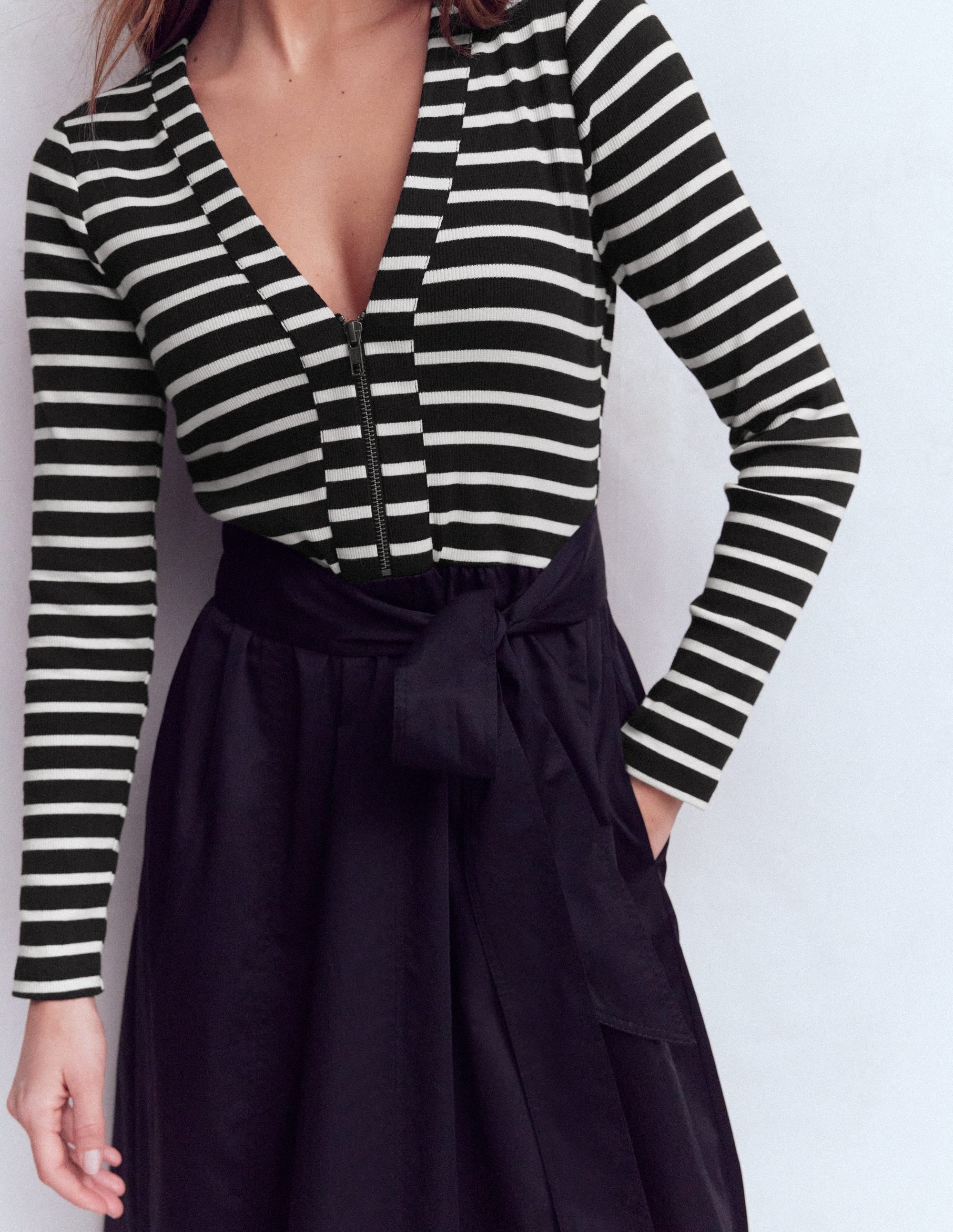 Long Sleeve Mix Media Dress-Black Stripe - Image 2
