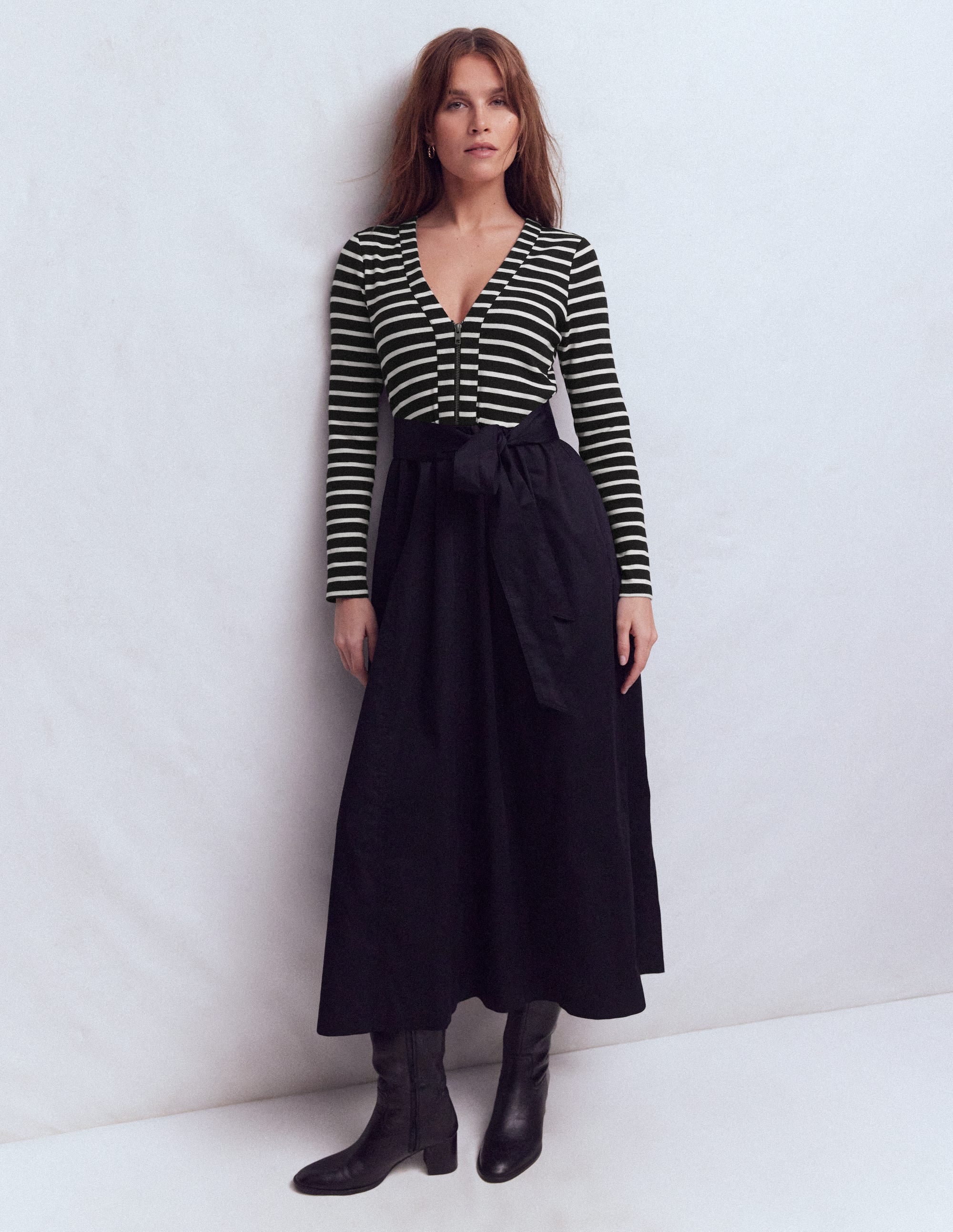 Long Sleeve Mix Media Dress-Black Stripe - Image 4