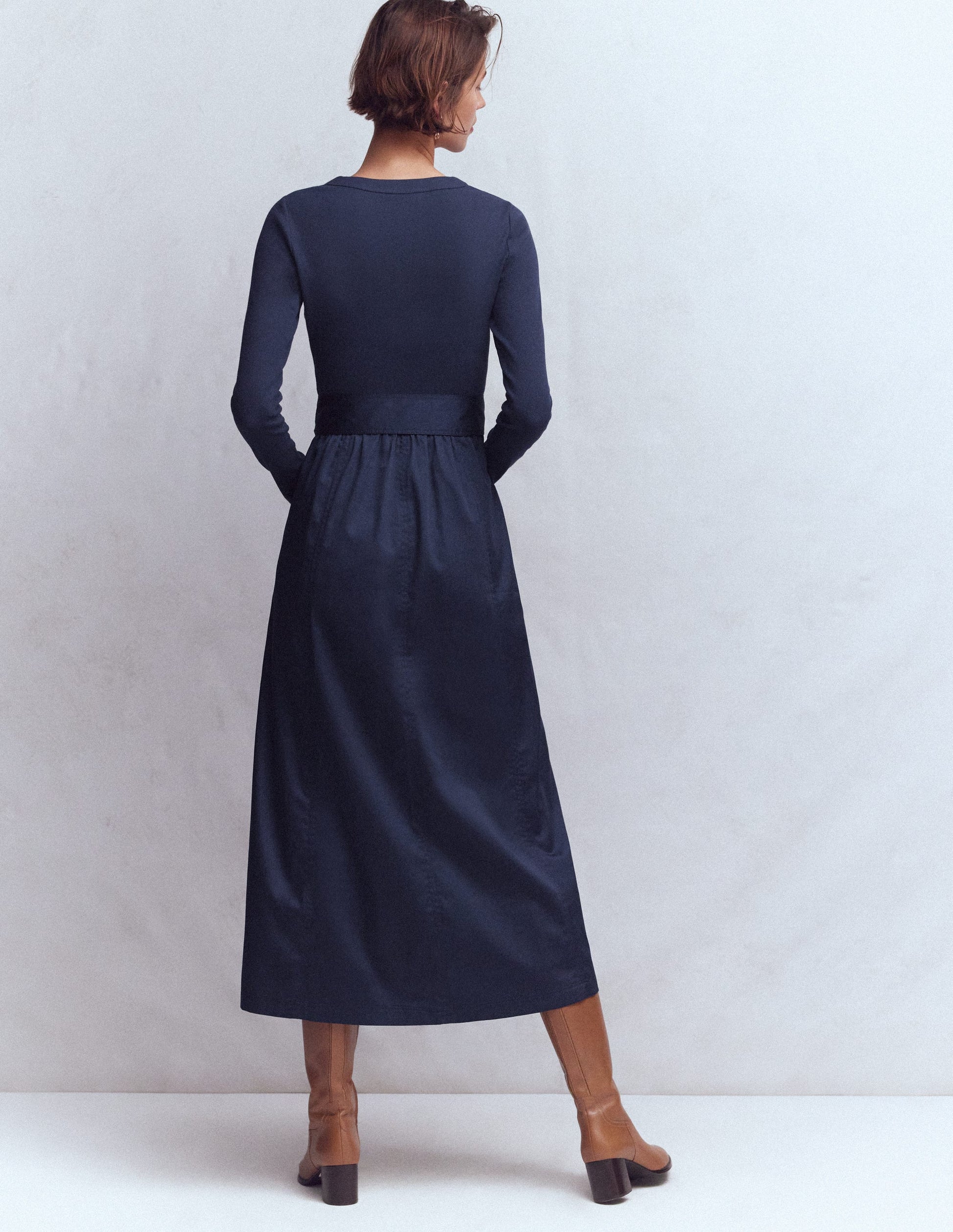 Long Sleeve Mix Media Dress-Navy-3