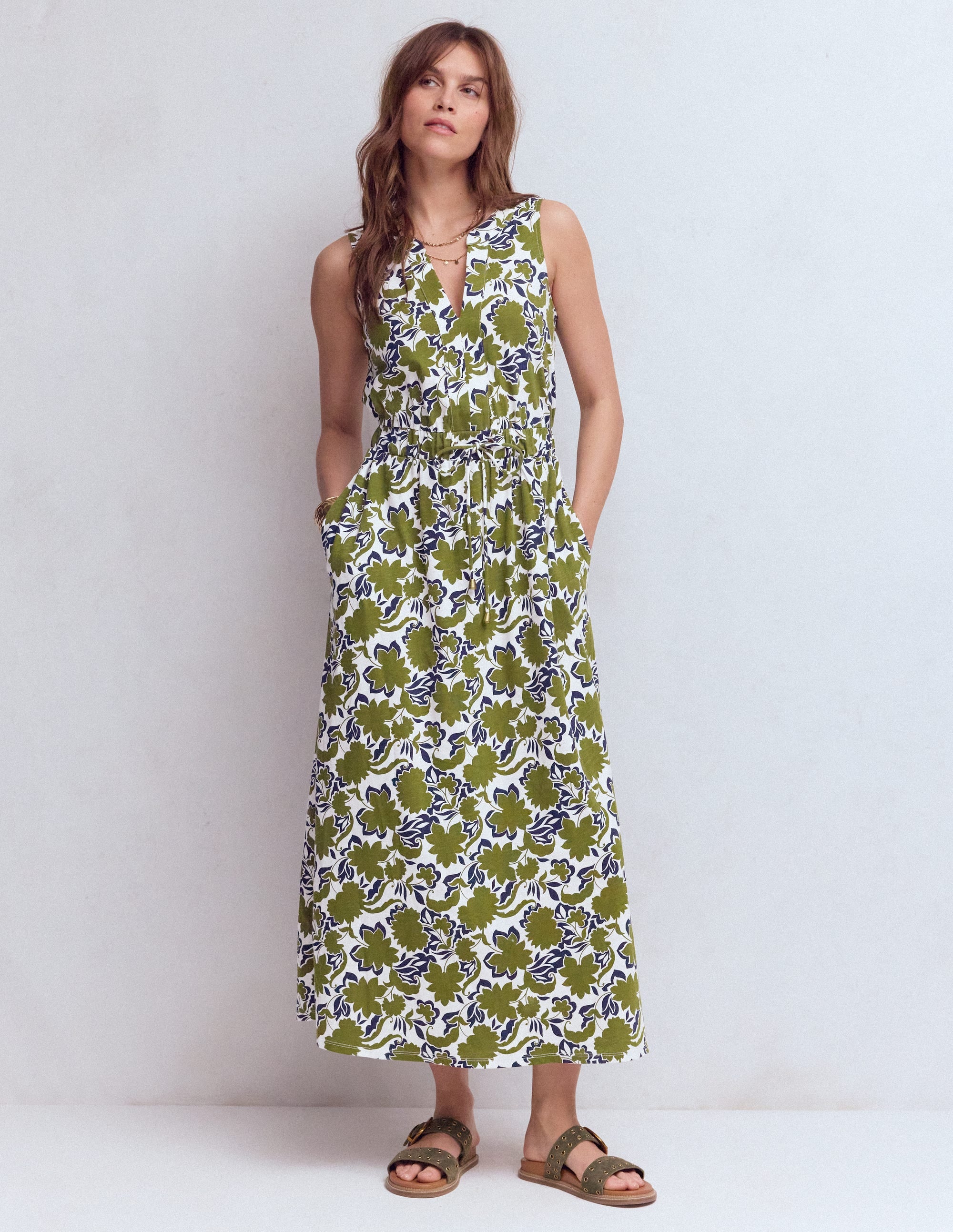 Delphine Midi Jersey Dress-Olive, Shadow Blossom - Image 1