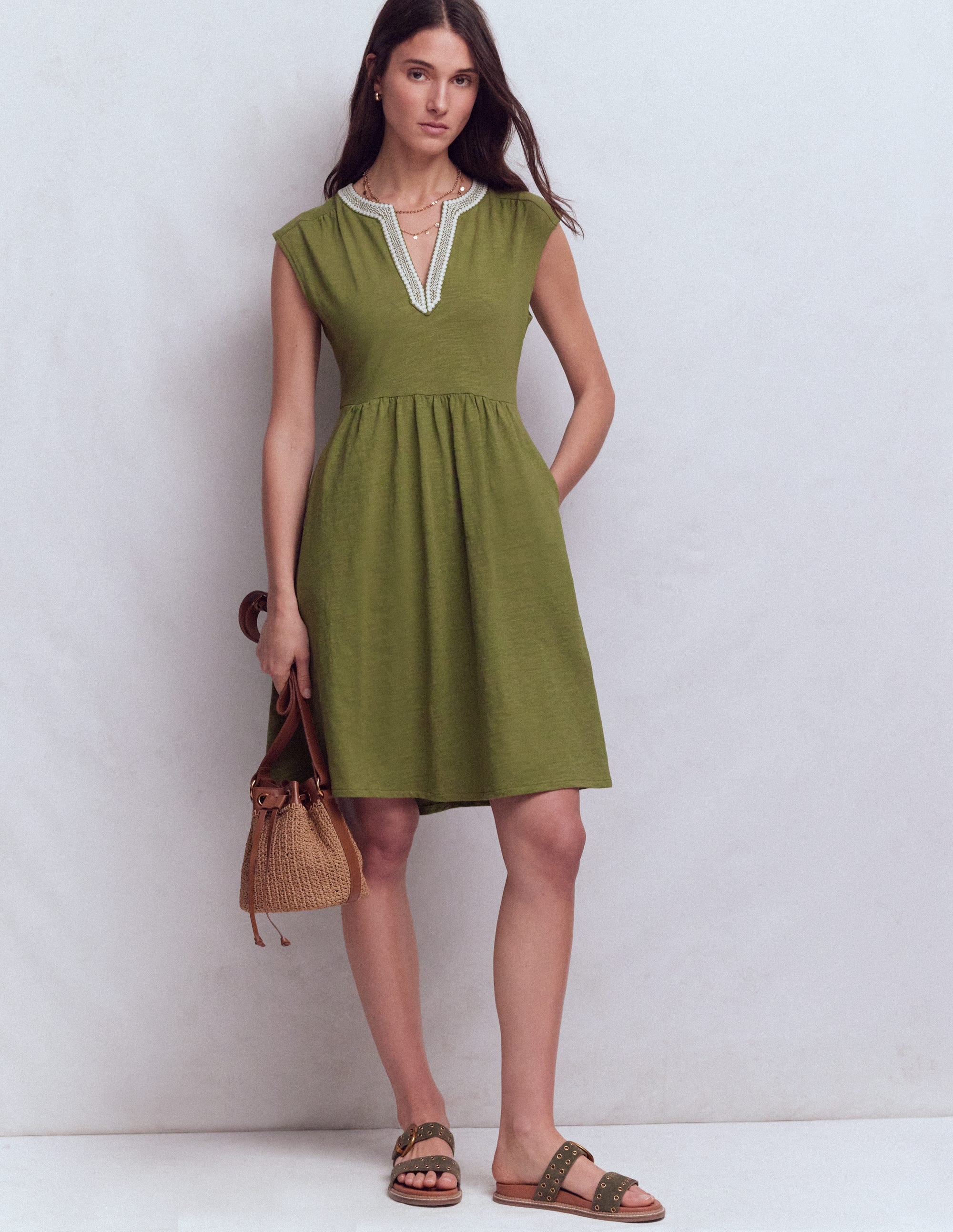 May Embroidered Short Dress-Olive - Image 1