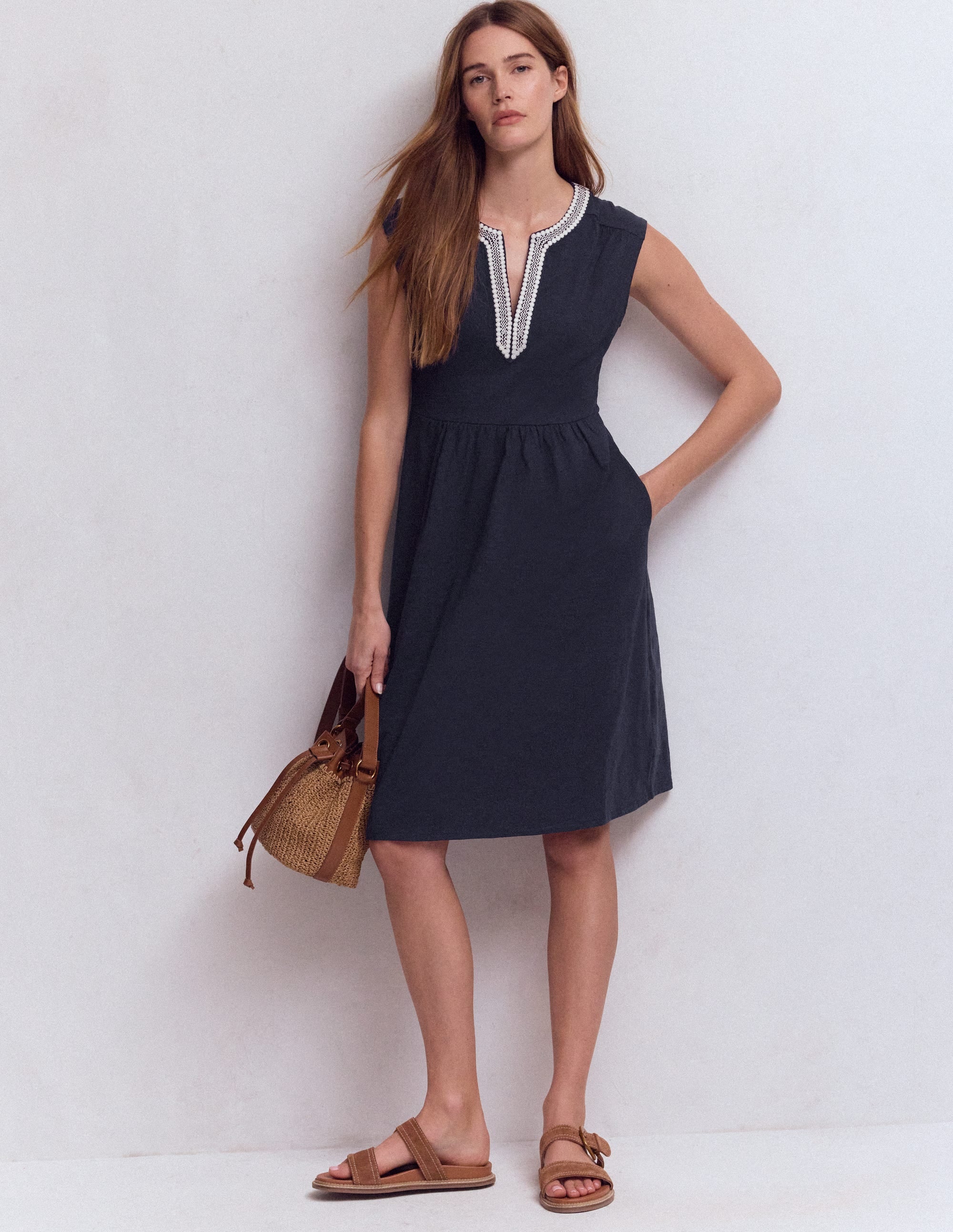 May Embroidered Short Dress-Navy - Image 1