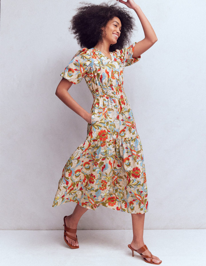 Irene Puff Sleeve Cotton Dress-Multi, Botanical Flourish
