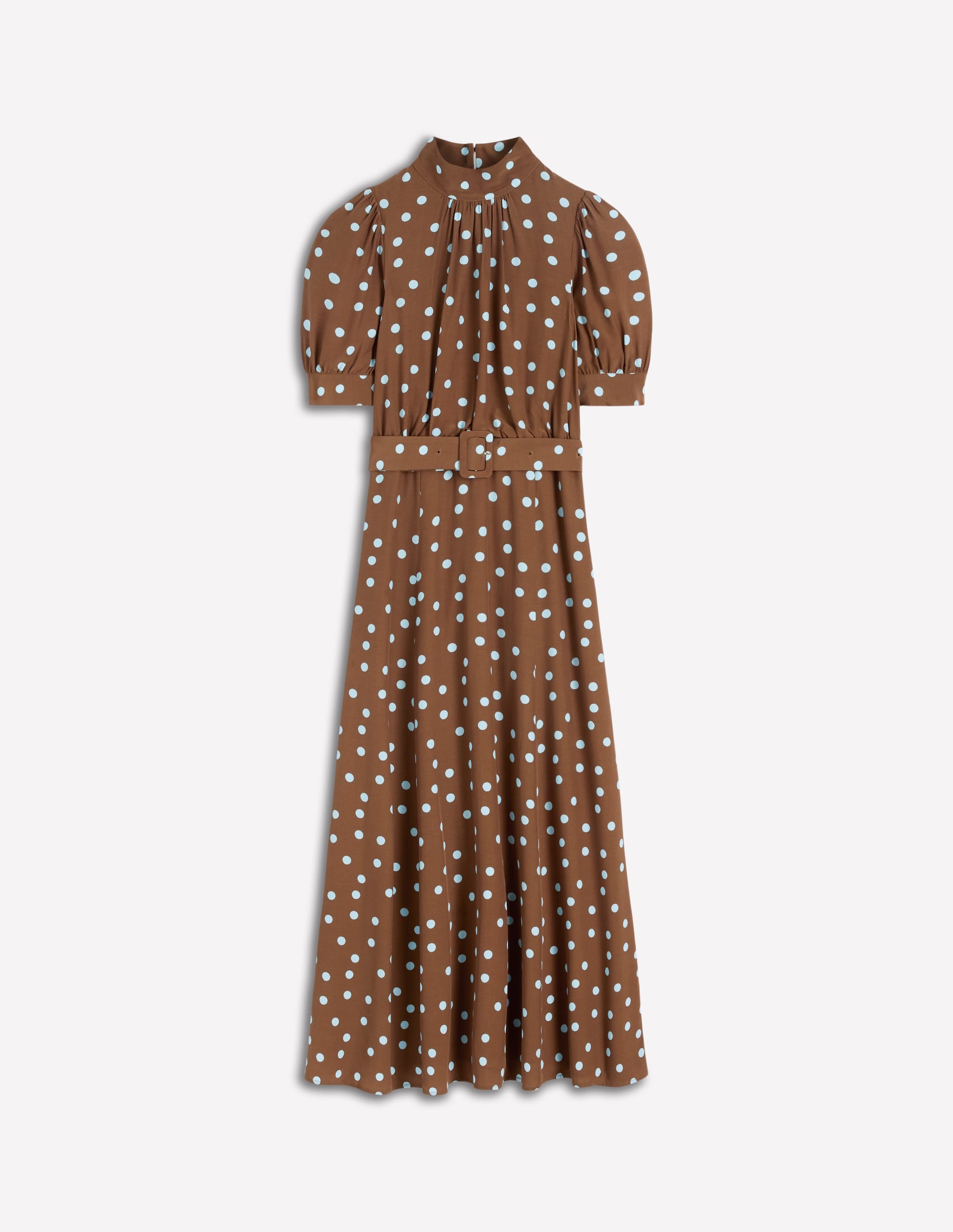 High Neck Belted Dress-Raw Umber, Painted Dot - Image 6